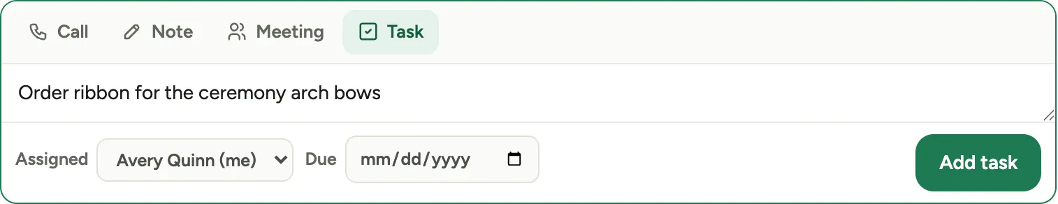 The activity composer on an event with the Task tab selected, a task typed in, an assignee picker defaulting to the current user, and a due date field