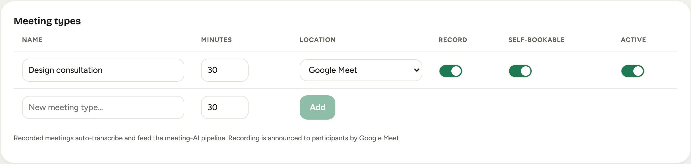 The Meeting types catalog: a consultation type with its duration, location, and self-bookable and active toggles