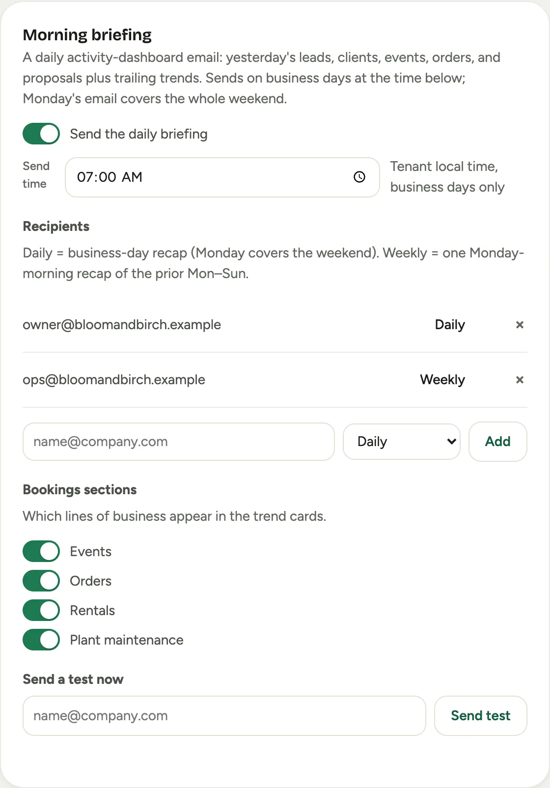 The Morning briefing settings: the send toggle, send time, recipients on Daily or Weekly, and the Bookings sections