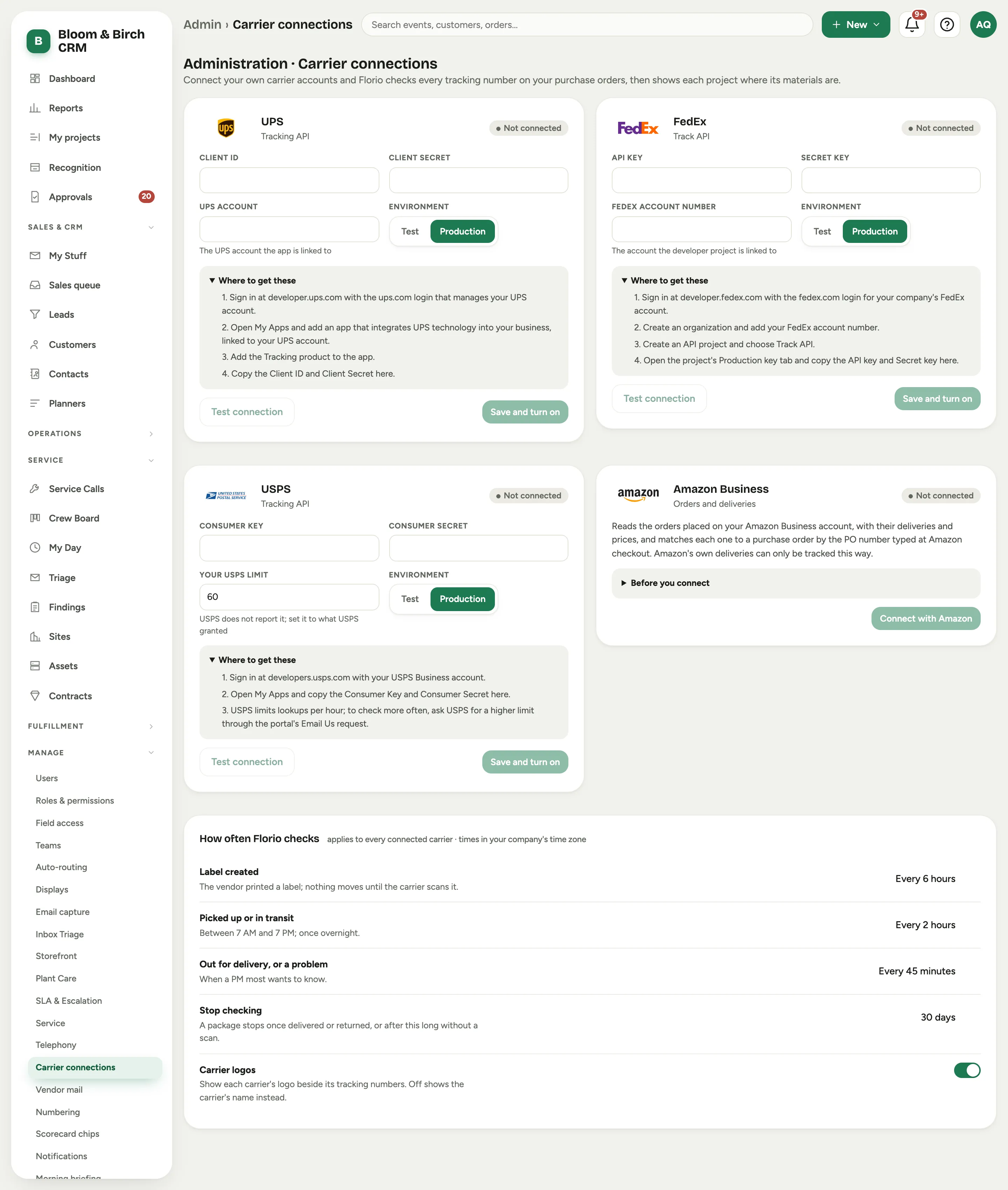 Admin, Carrier connections: a card per carrier in its Not connected state with the credential form and the Where to get these steps, and the check schedule underneath
