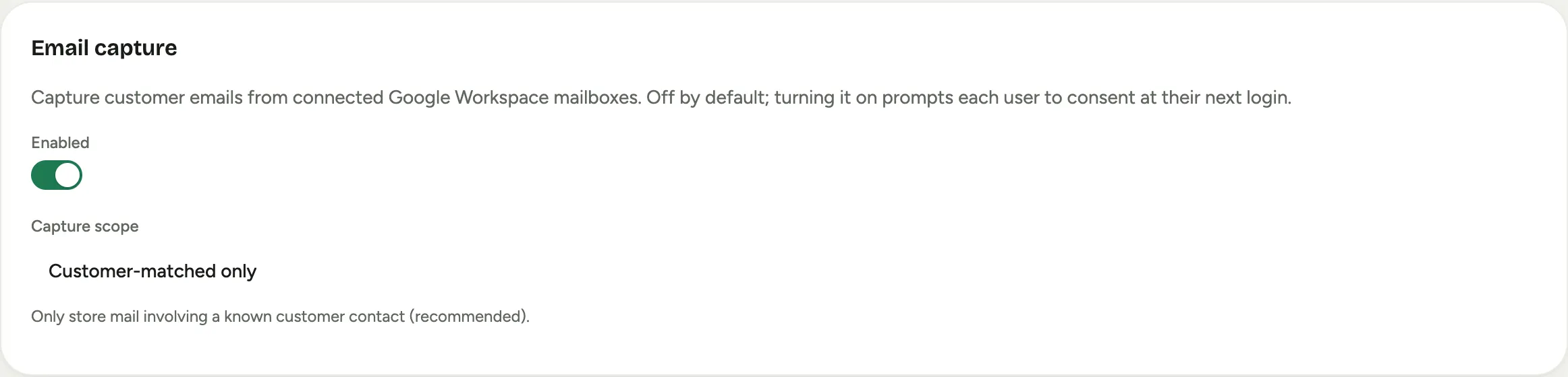 The Email capture settings: the Enabled toggle and the Capture scope set to Customer-matched only