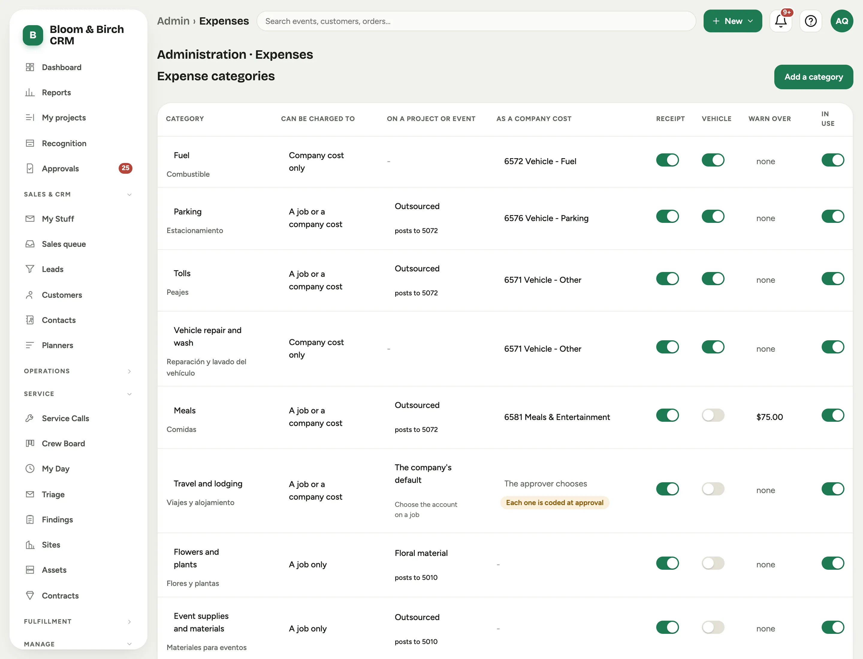 Expense categories in Admin: each category with its Spanish name, what it can be charged to, its cost category and accounts, and the receipt, vehicle, warn over and in use columns