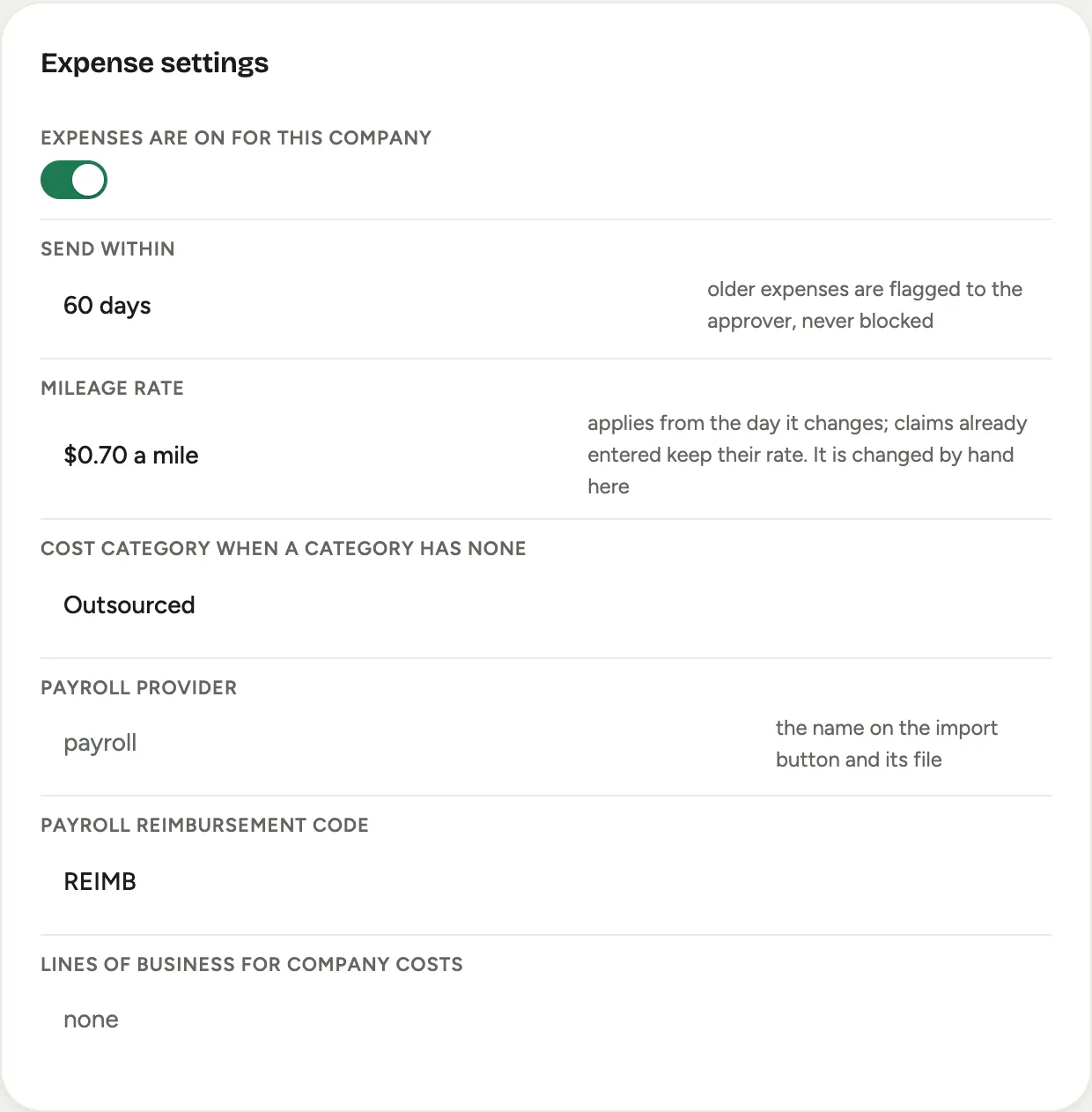 Expense settings: the switch, send within, the mileage rate, the fallback cost category, the payroll provider, the reimbursement code and lines of business