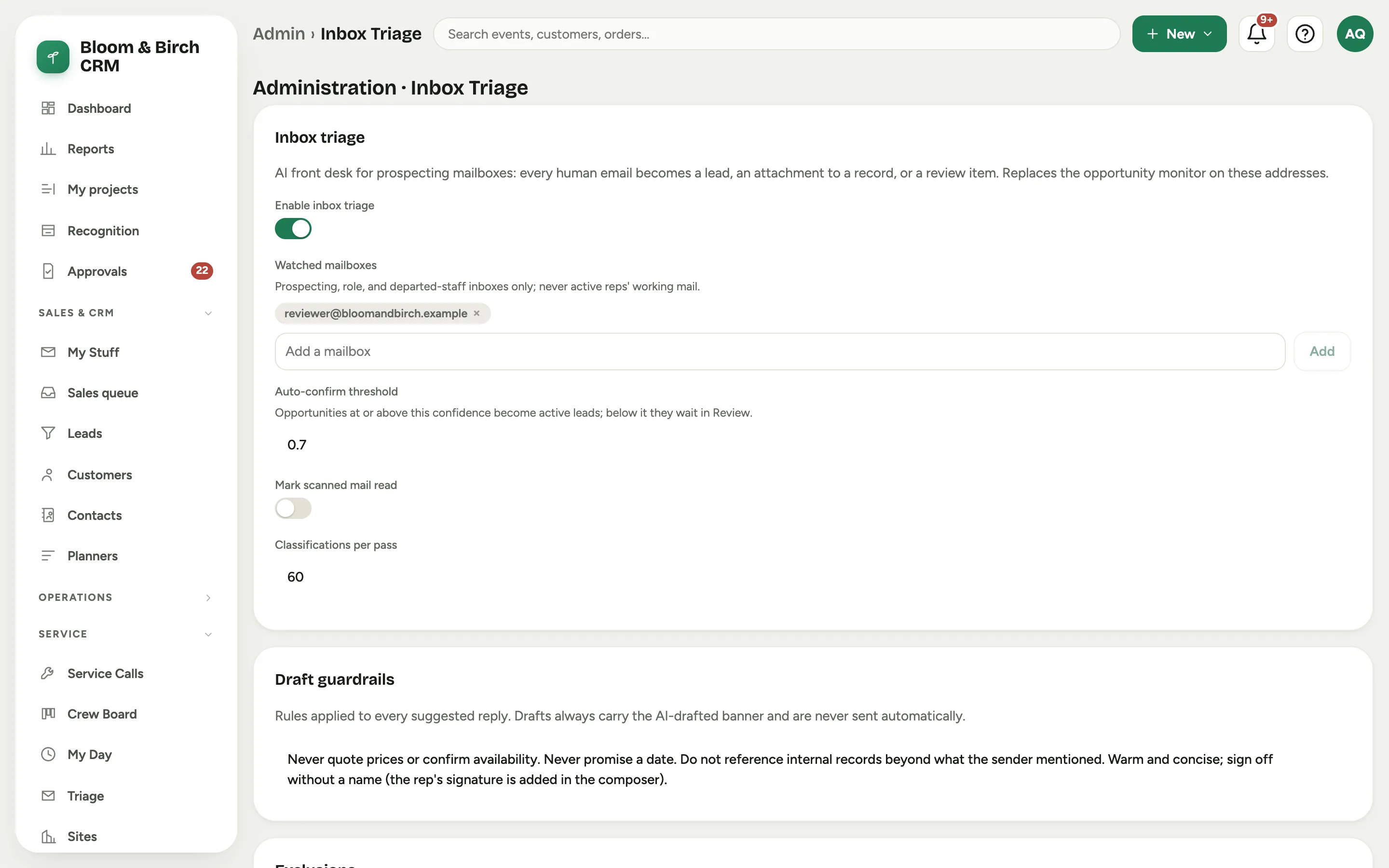 The Inbox Triage admin screen: the enable toggle, the watched mailboxes, the auto-confirm threshold, and draft guardrails