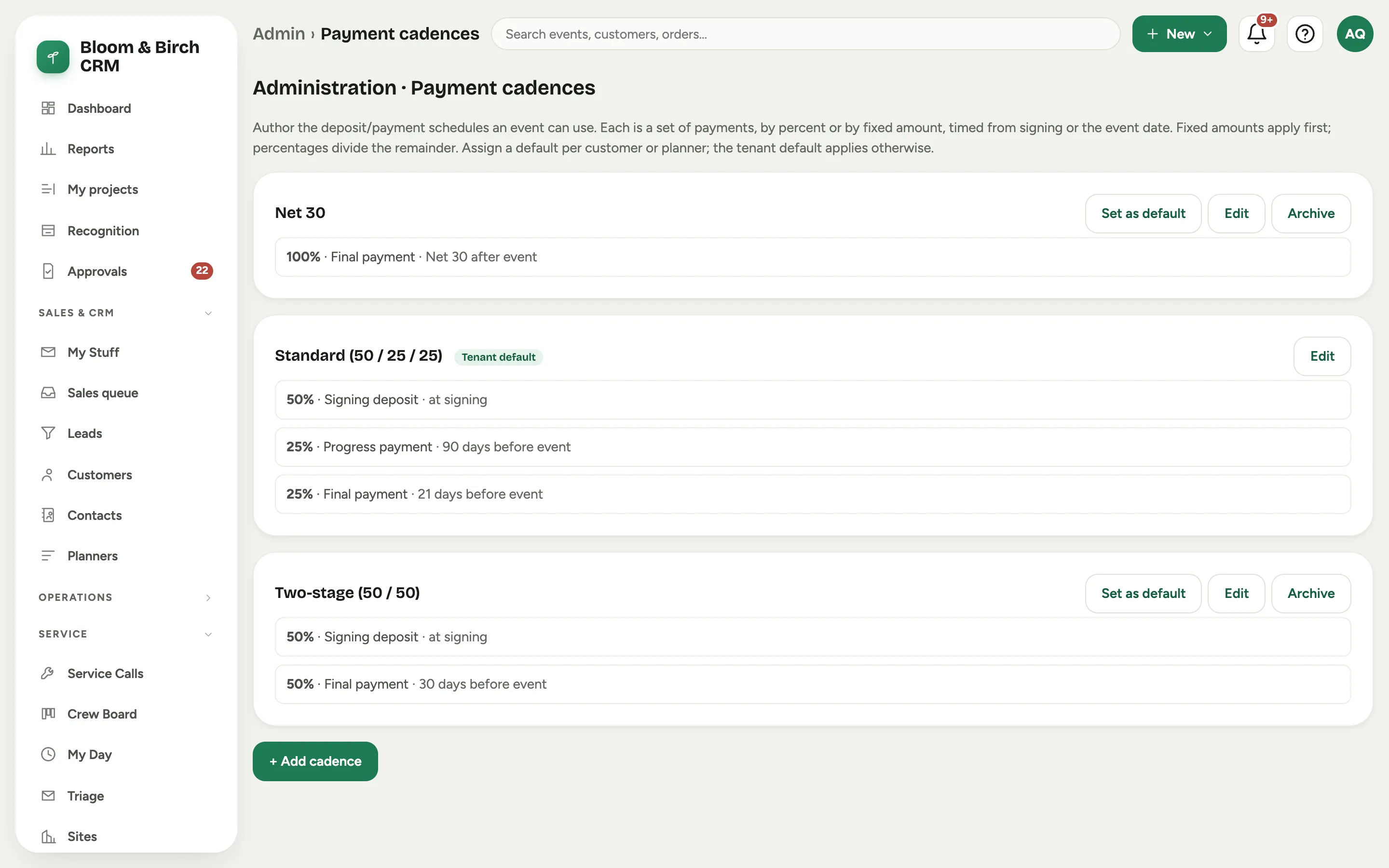 The payment cadences: the shipped schedules, with the tenant default marked