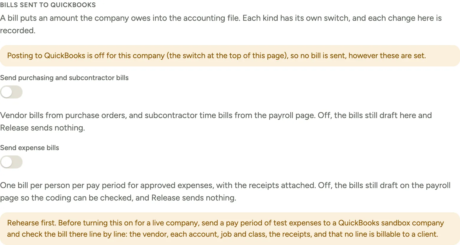 Bills sent to QuickBooks: the note that posting is off, the two switches, both off, and the rehearse-first note under the expense switch