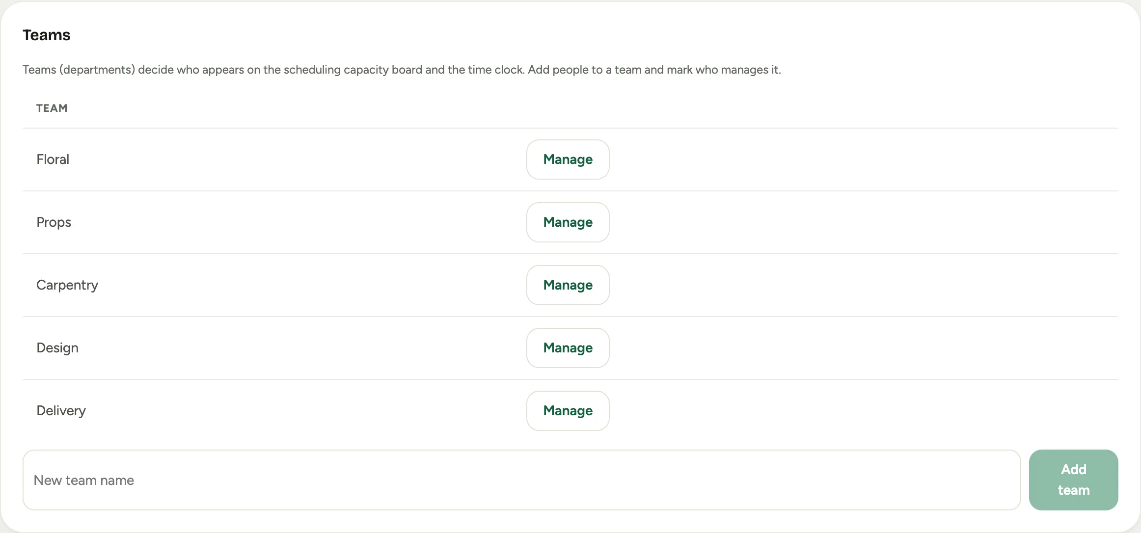 The Floral team roster in Admin: three members, a Manager checkbox per row with the team manager ticked and starred, and an add person picker