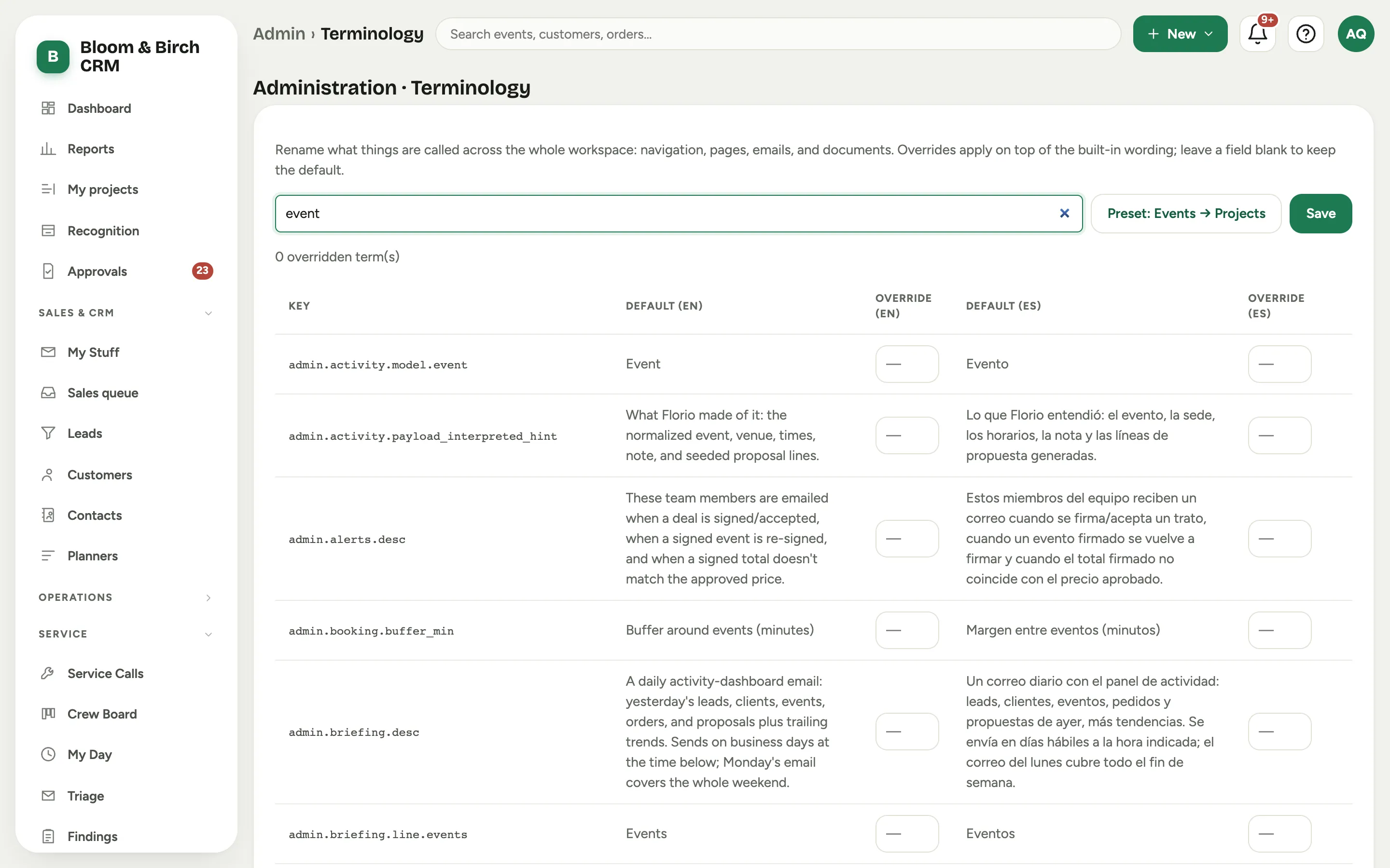 The Terminology editor: a search showing terms with their default and override columns in English and Spanish