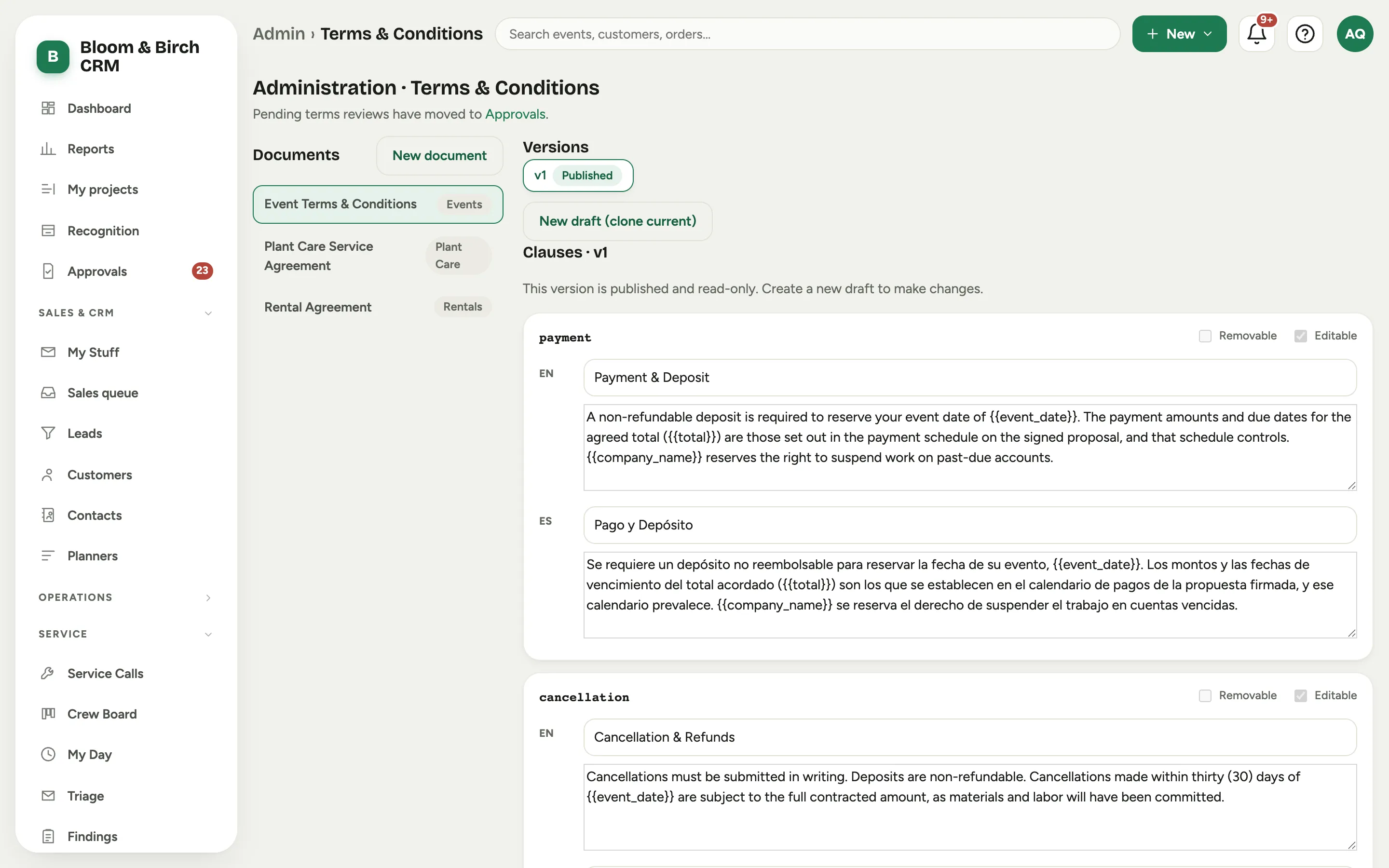 The Terms and Conditions editor: the documents list, the versions, and the clause editor