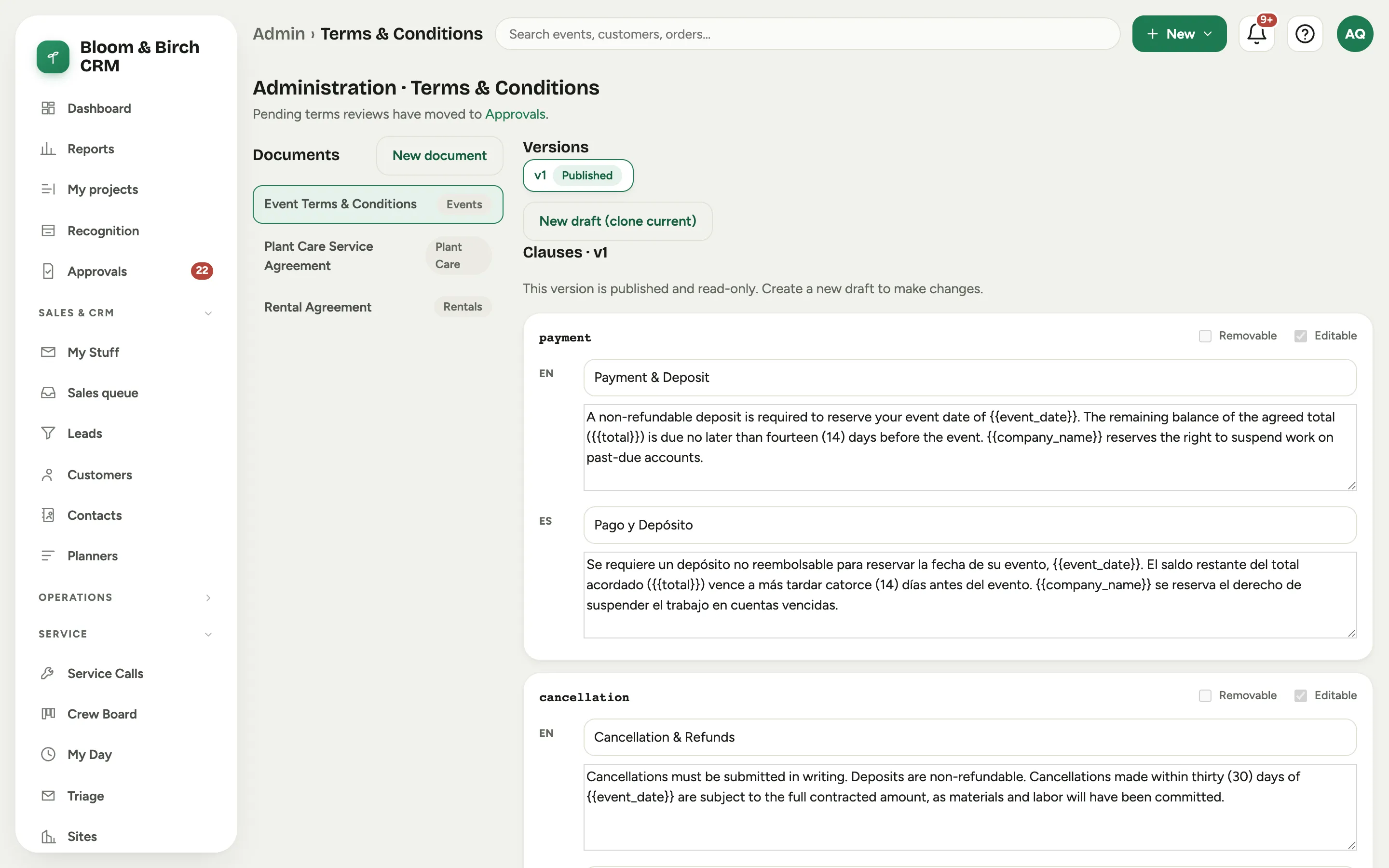 The Terms and Conditions editor: the documents list, the versions, and the clause editor