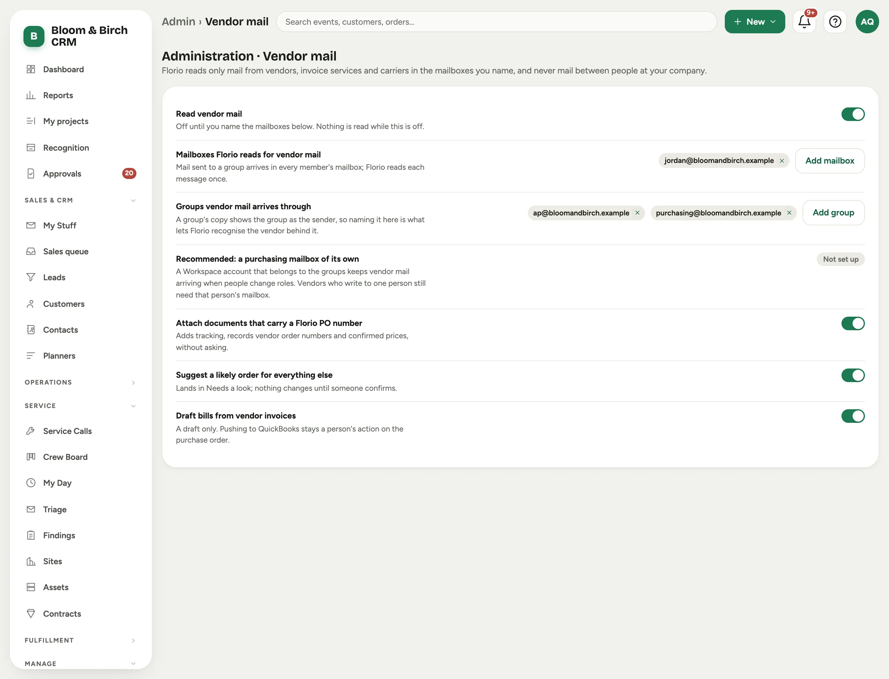 Admin, Vendor mail: the Read vendor mail switch, the mailbox and group lists, and the three switches for what may happen without asking