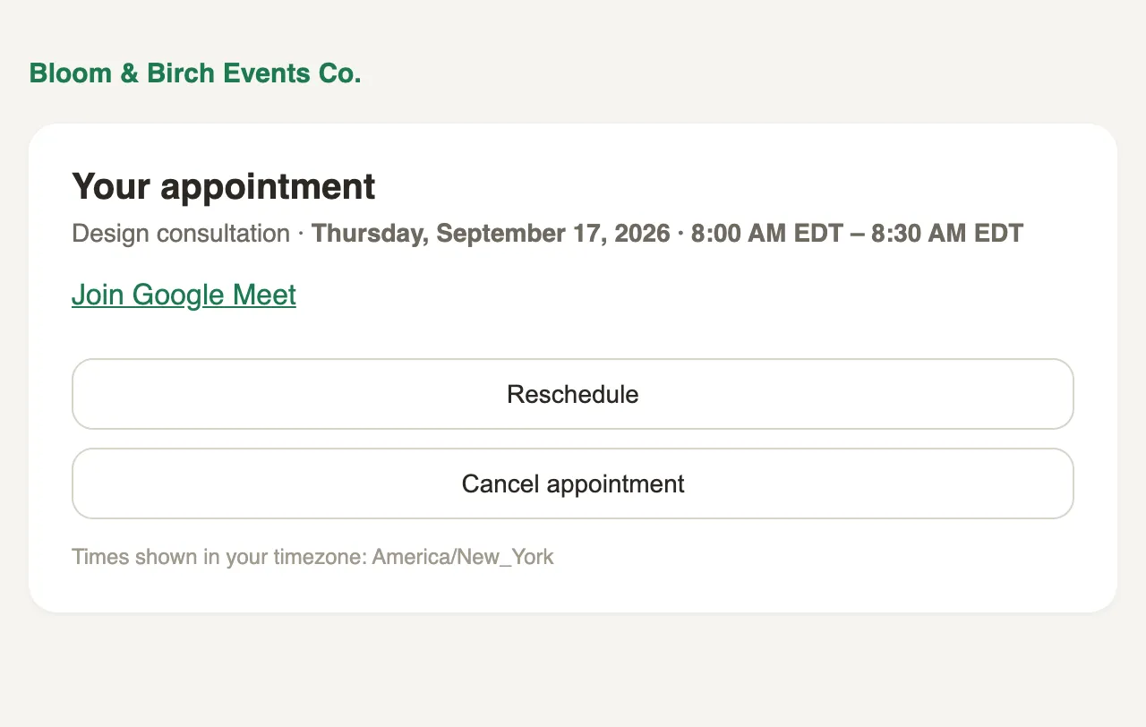 The client-facing manage page: the appointment details, a Join Google Meet link, and Reschedule and Cancel appointment buttons