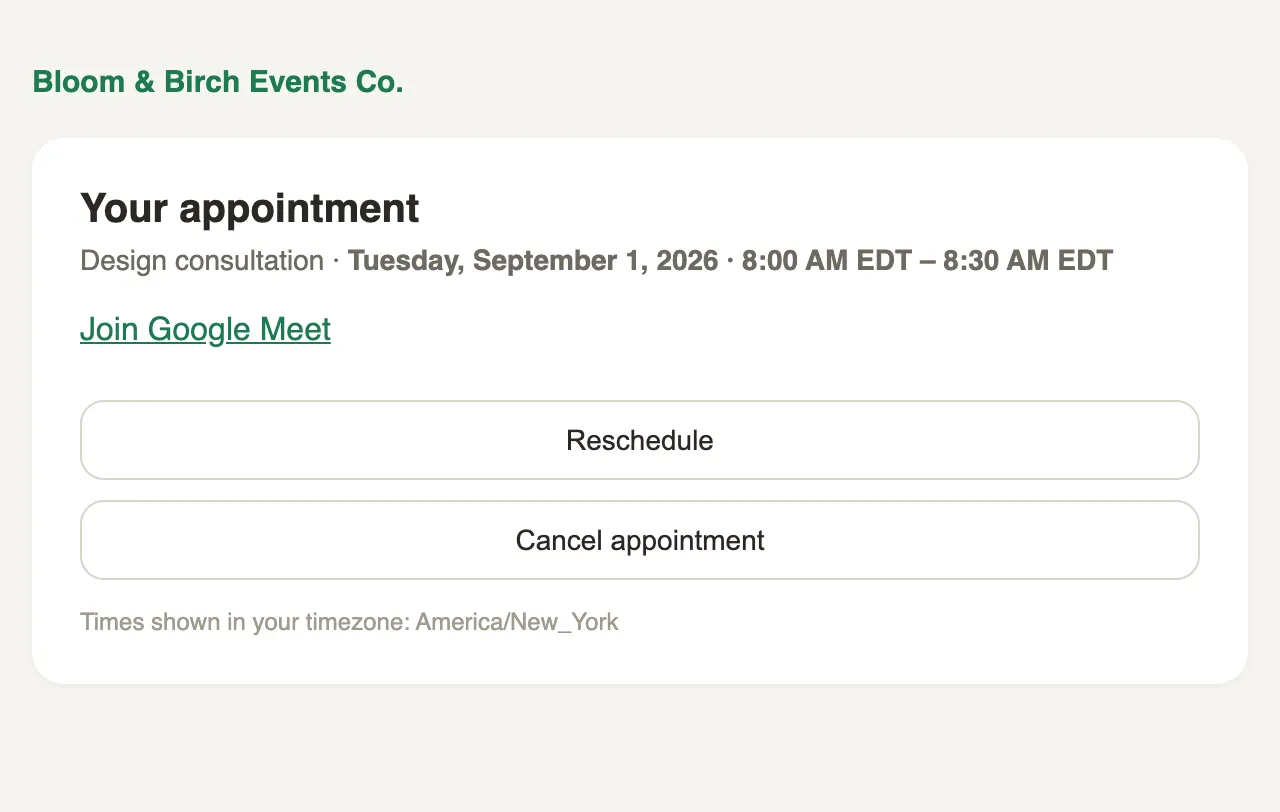 The client-facing manage page: the appointment details, a Join Google Meet link, and Reschedule and Cancel appointment buttons