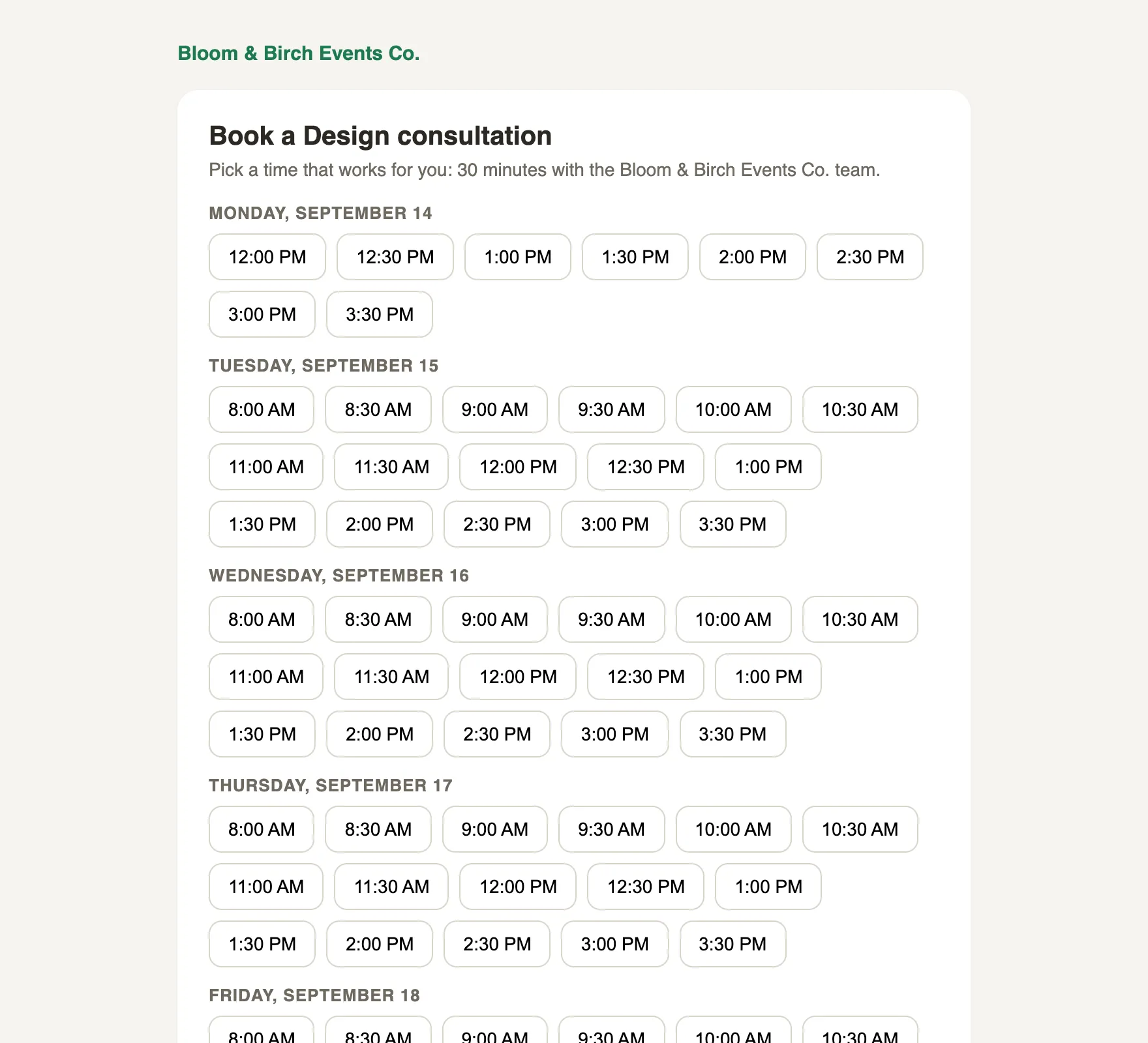 The client-facing booking page: the studio brand, a Book a consultation heading, and open time slots grouped by day