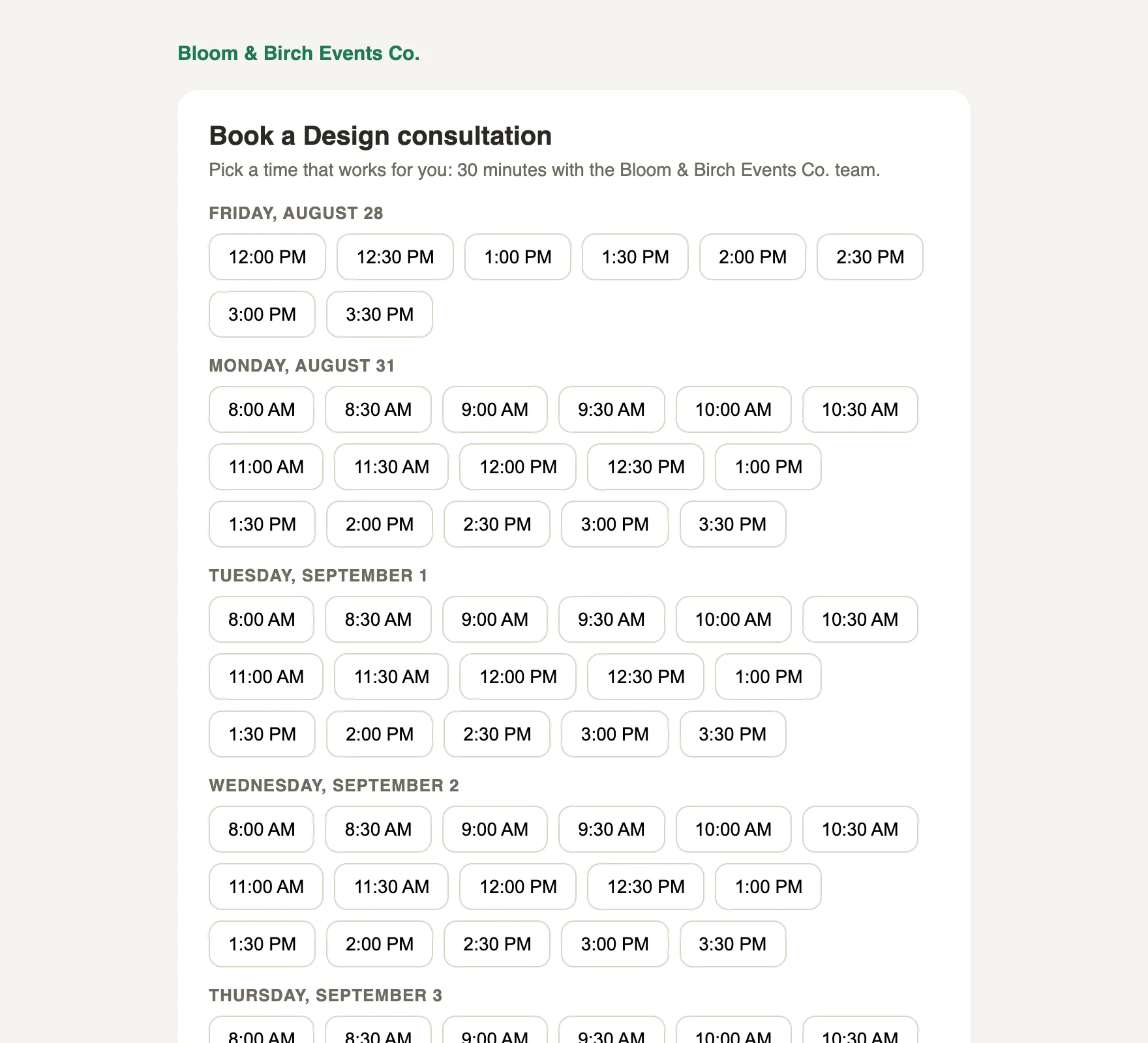The client-facing booking page: the studio brand, a Book a consultation heading, and open time slots grouped by day