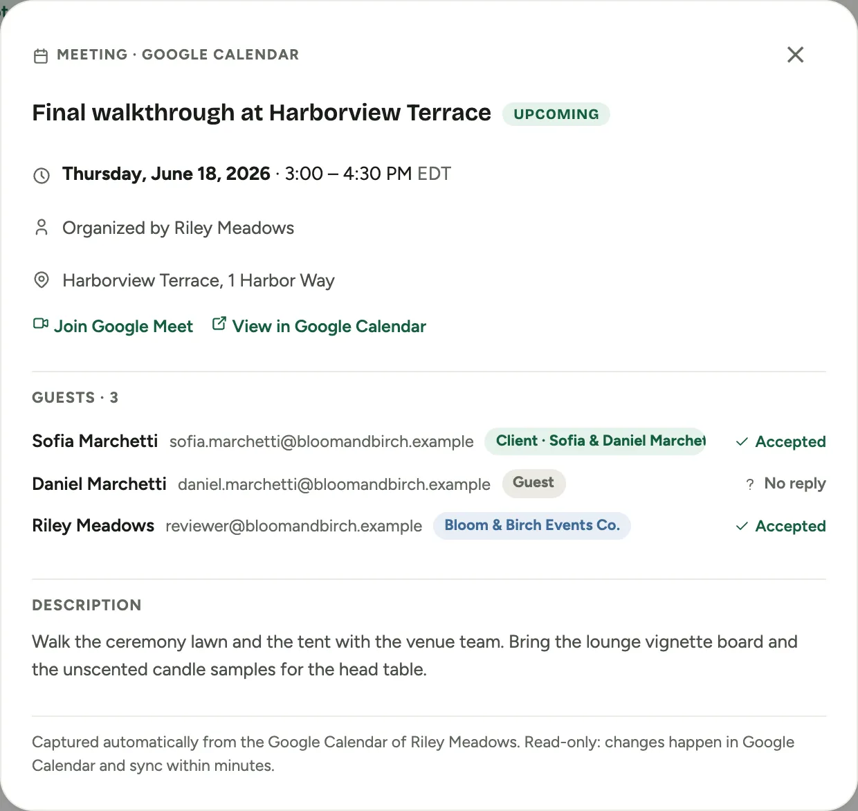 The meeting details with the guest list and each guest's reply