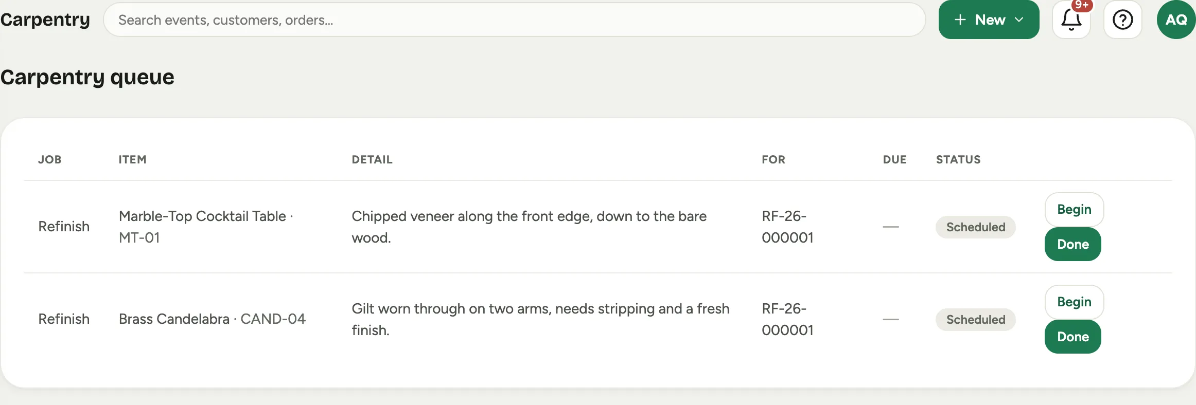 The Carpentry queue: refinish jobs raised by damaged returns, each carrying the note from the person who checked it in