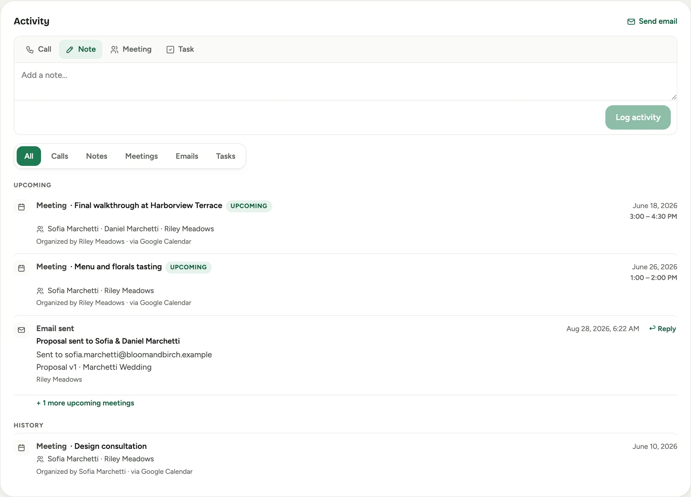 The activity feed with upcoming and past meetings from Google Calendar