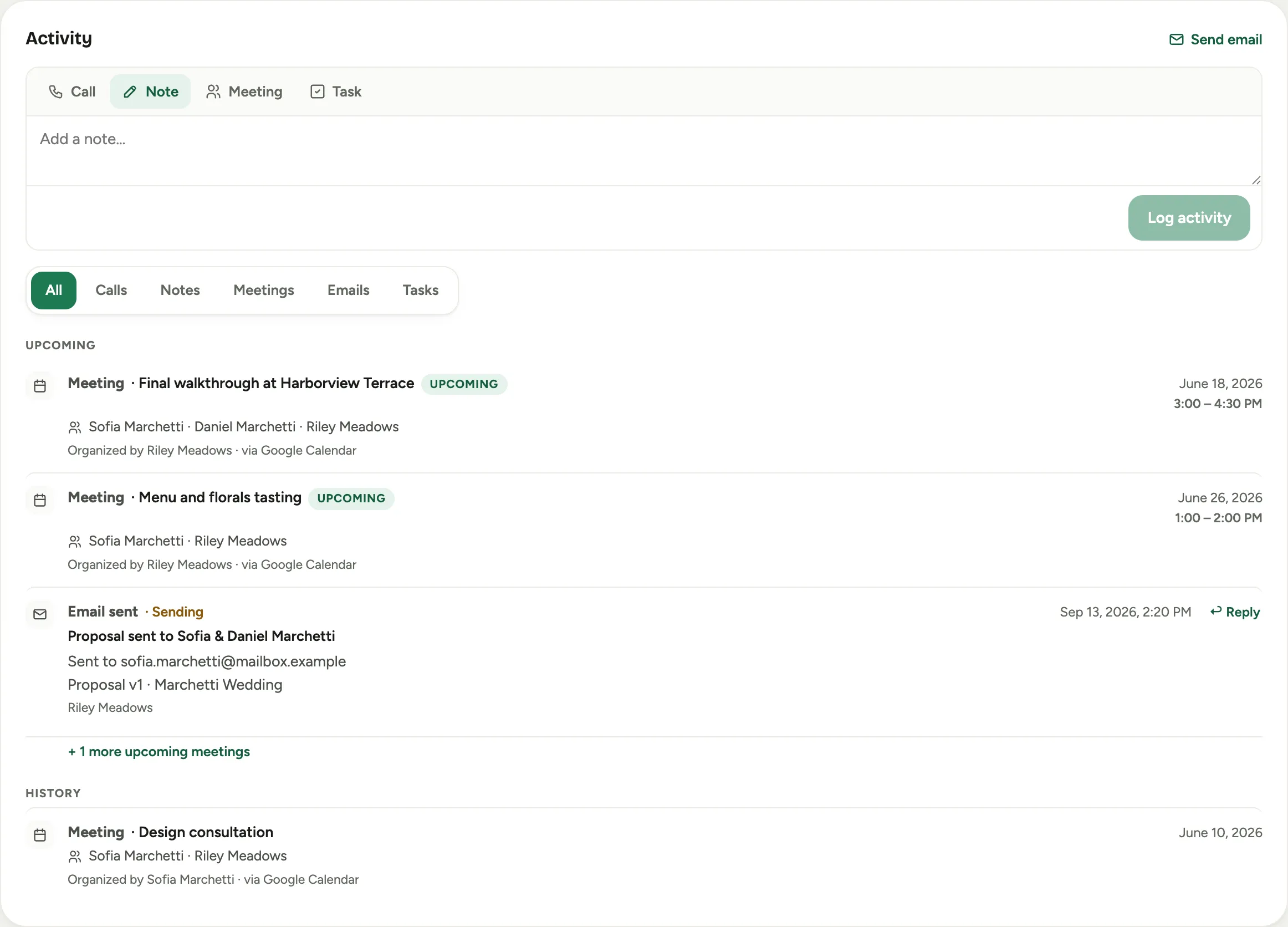 The activity feed with upcoming and past meetings from Google Calendar