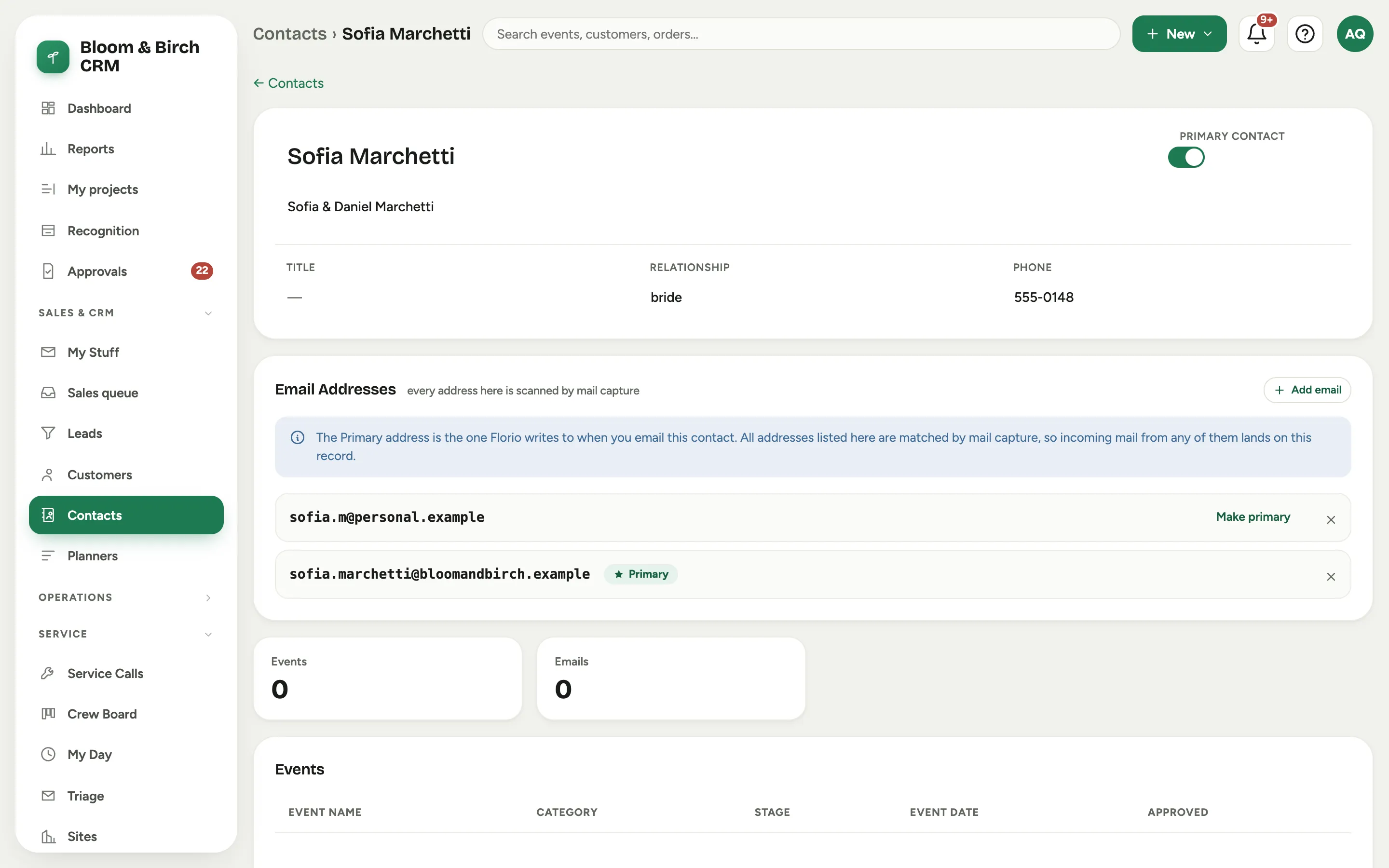 A contact record: the customer link, the primary-contact toggle, and the Email Addresses card