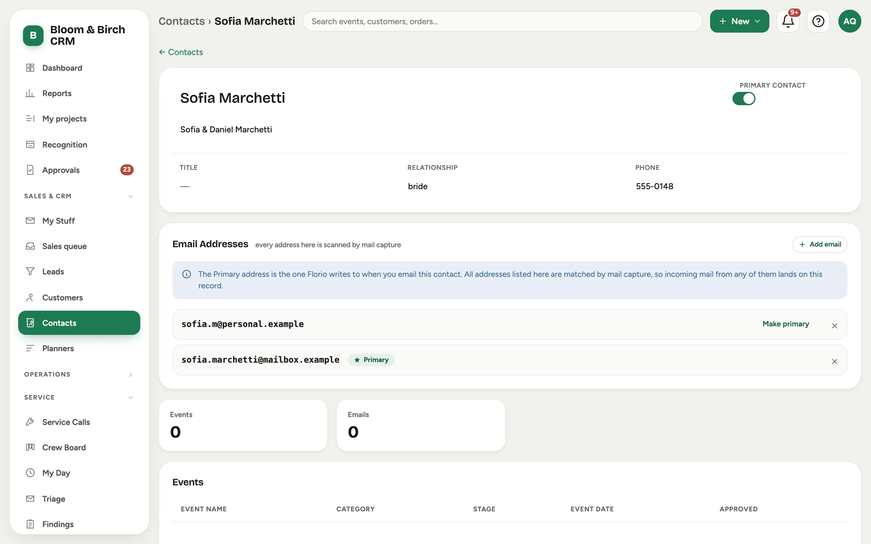 A contact record: the customer link, the primary-contact toggle, and the Email Addresses card