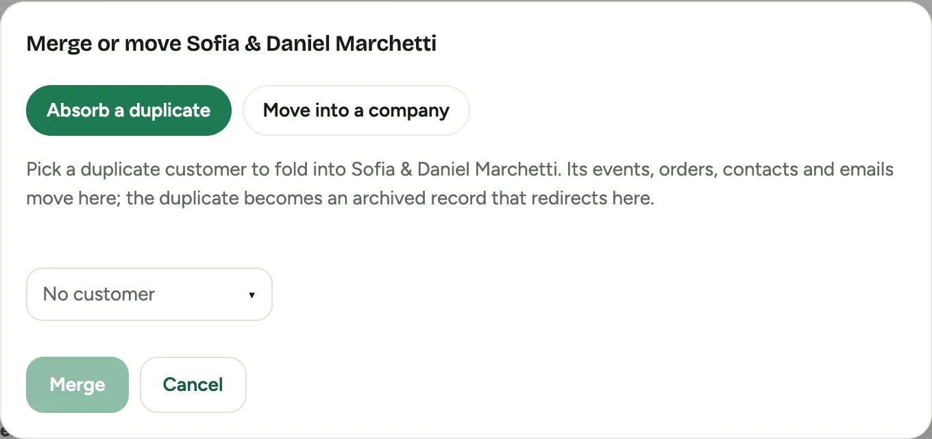 The Merge or move dialog: a choice between Absorb a duplicate and Move into a company, with a picker for the record to fold in
