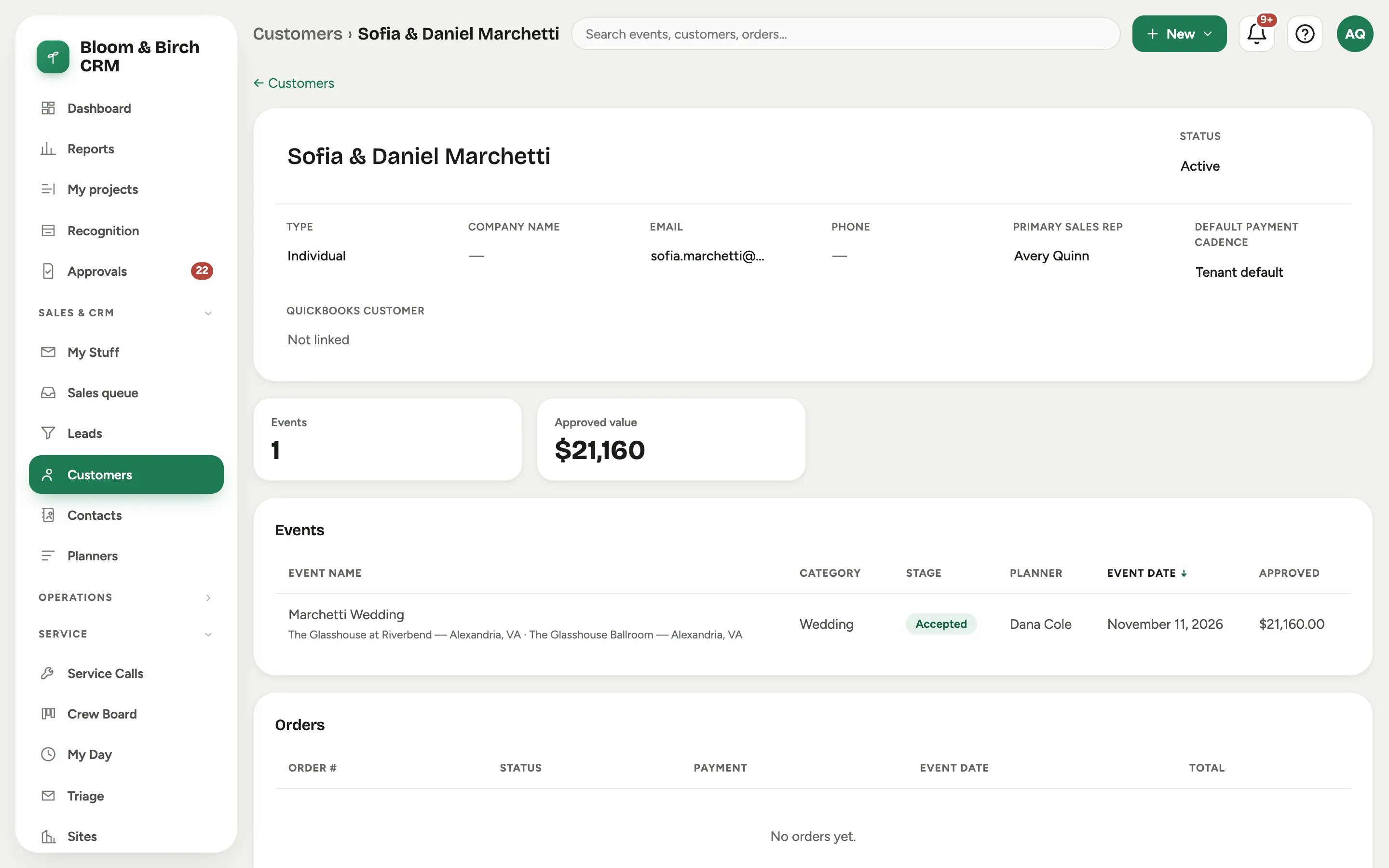 A customer record: the header facts, the Events and Approved value stats, and the Events and Orders cards