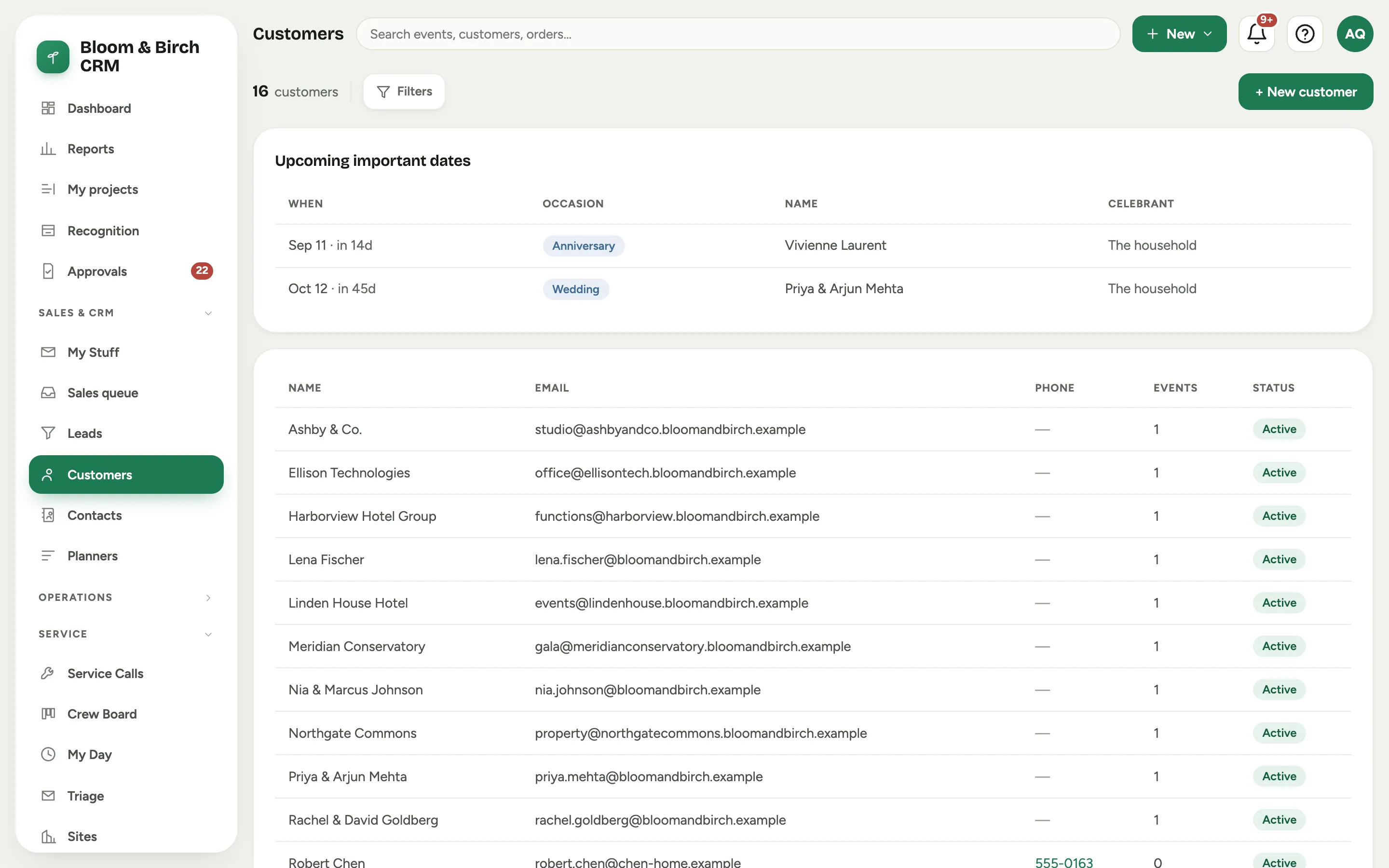 The Customers list: a panel of upcoming important dates above a table of customers with email, phone, event count, and status