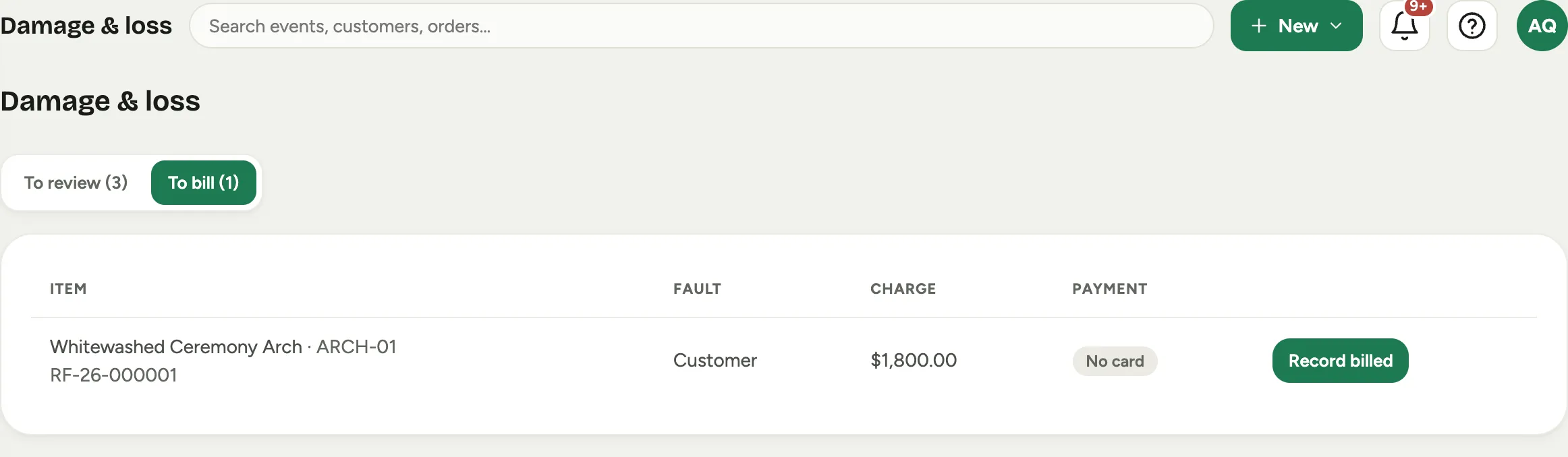 Damage & loss, To bill: an approved customer-fault charge with no card on file, so the action is Record billed