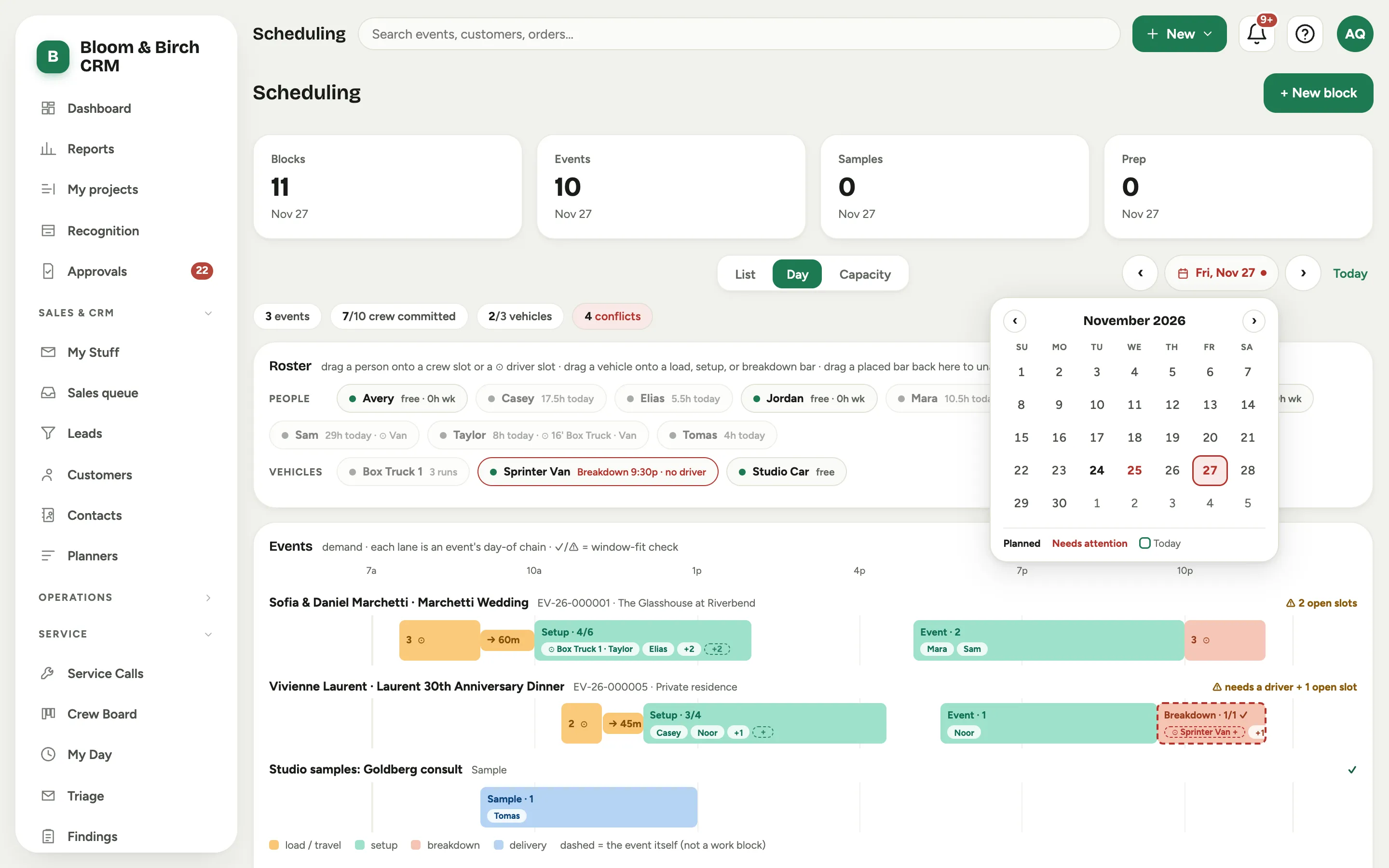 The date button expanded into its month grid: several bold dates with planned work, two red dates that need attention, today ringed, and the legend below reading Planned, Needs attention, Today