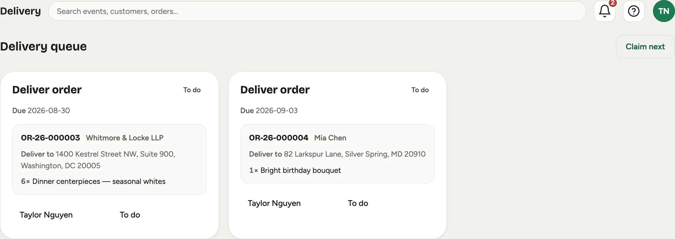 The Delivery queue: a Deliver order card per delivery with the address and the items on board