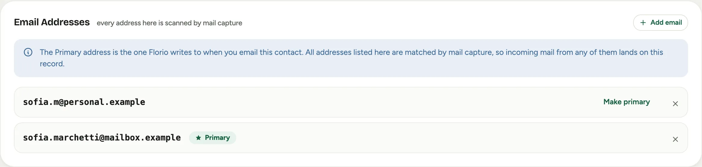 The Email Addresses panel on a contact, showing two addresses with one marked primary