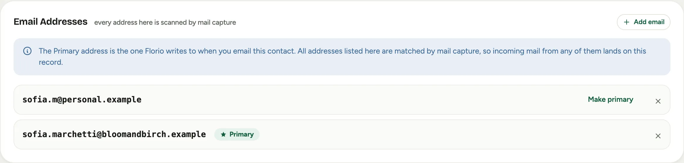 The Email Addresses panel on a contact, showing two addresses with one marked primary