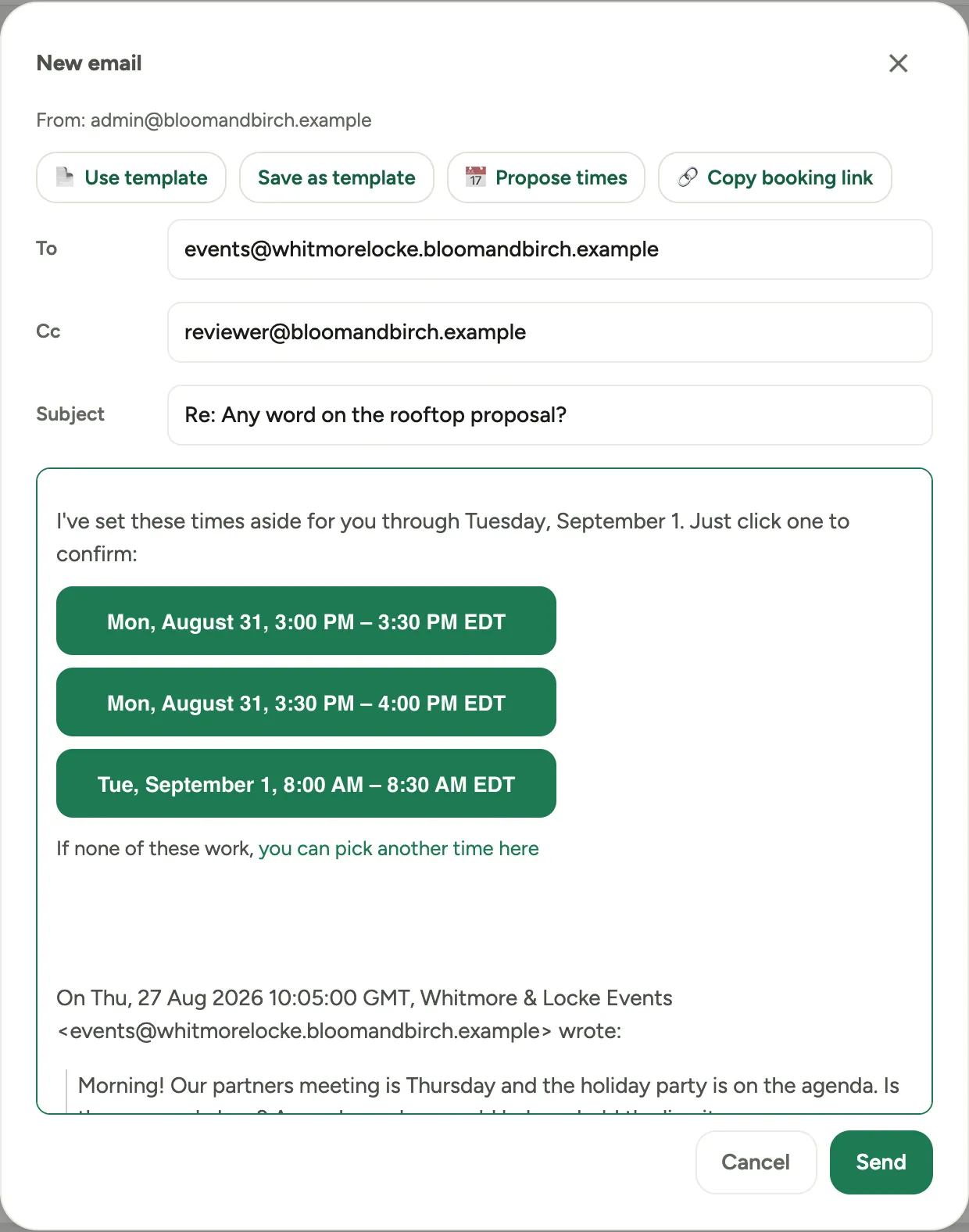 The email composer with three proposed times inserted into the message as clickable buttons above the signature