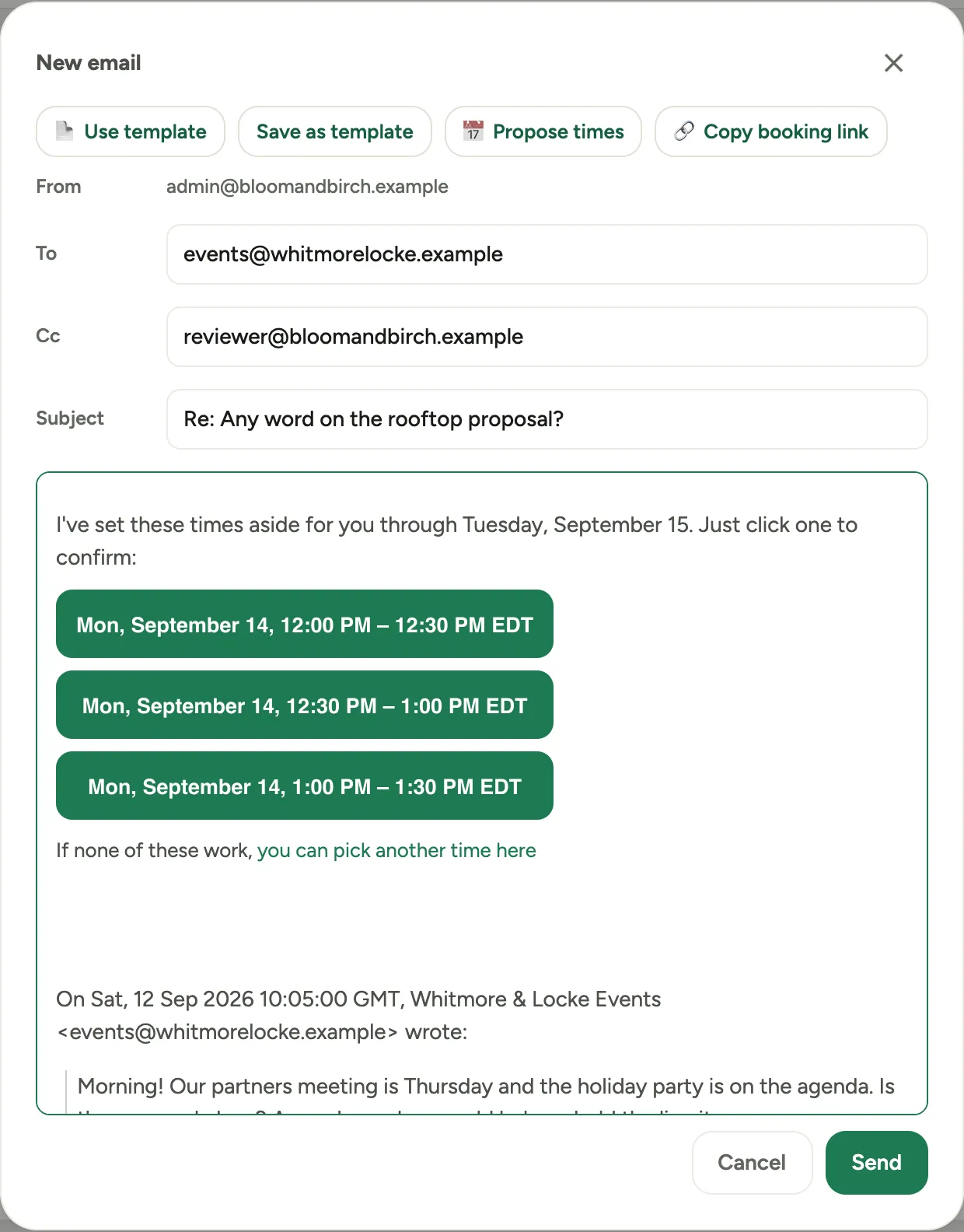 The email composer with three proposed times inserted into the message as clickable buttons above the signature