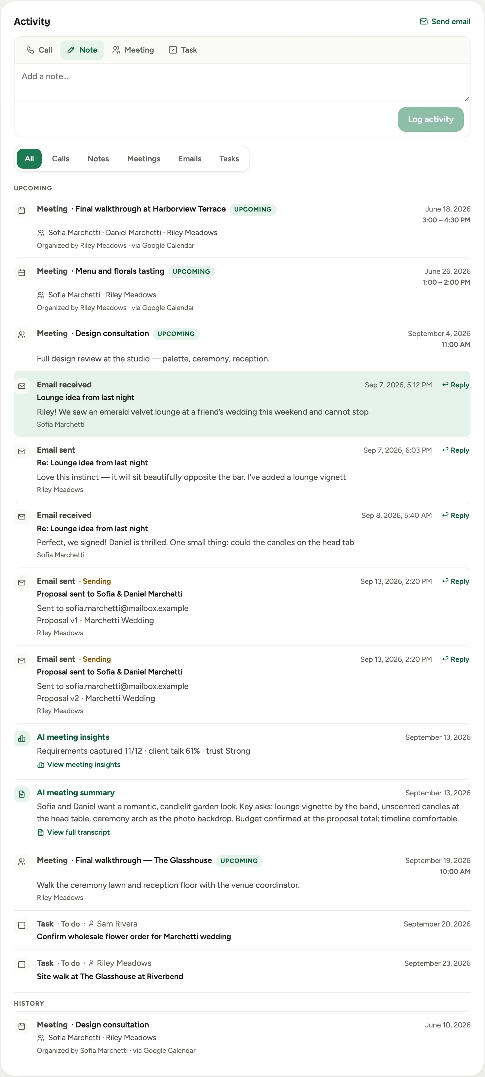 An event Activity feed after a recorded consult: an AI meeting insights row and an AI meeting summary row above the captured email thread