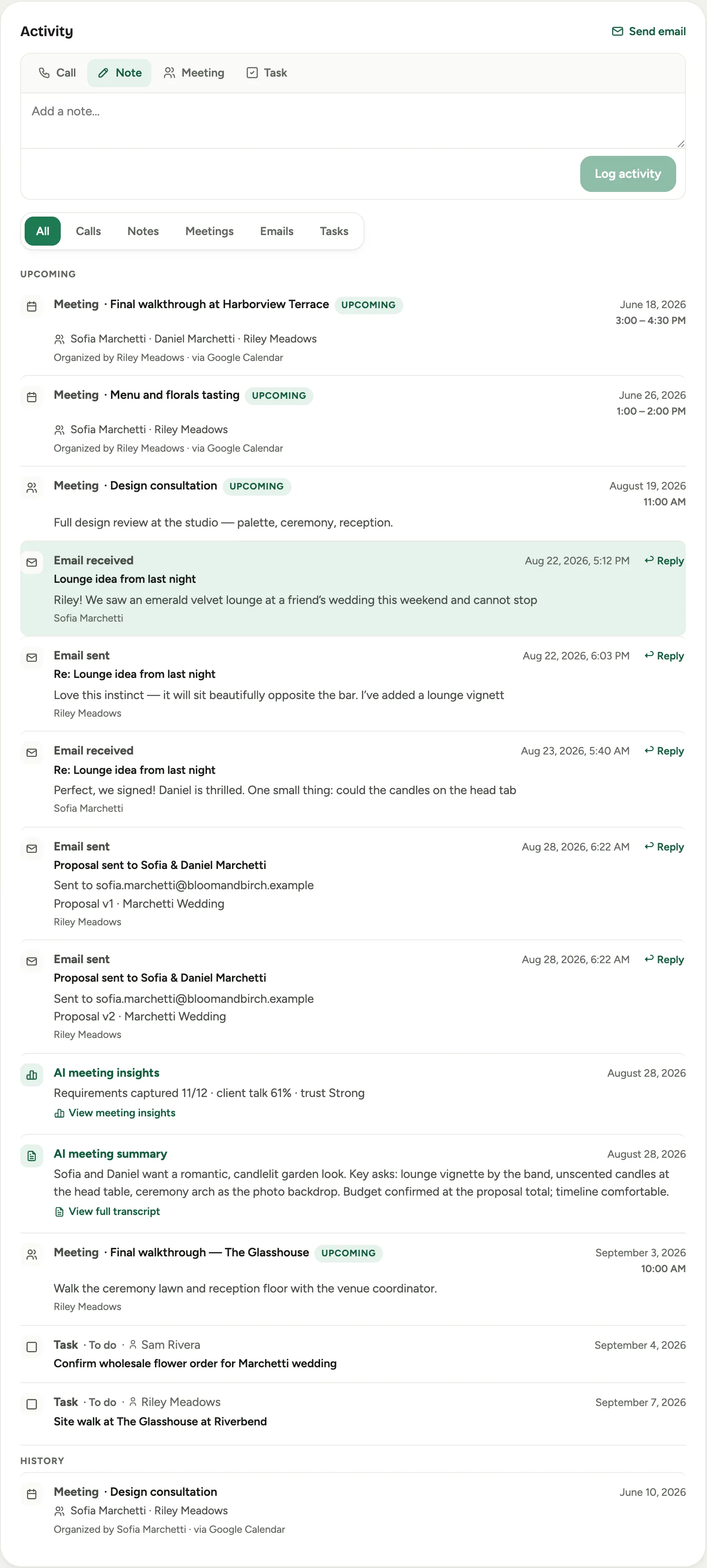 The Activity tab on an event: the timeline with captured emails and an AI meeting recap, beside the audit log