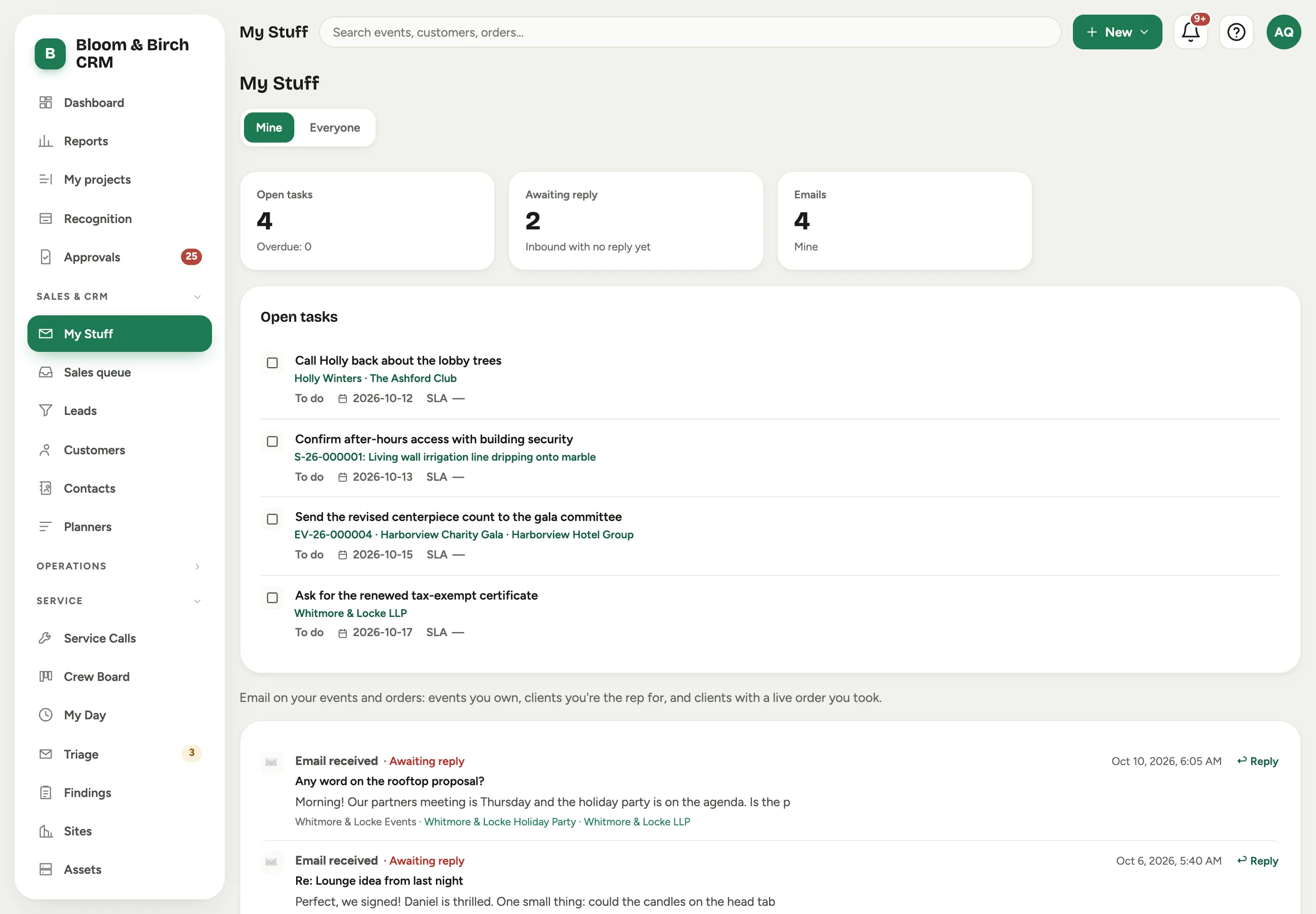 My Stuff: the Open tasks, Awaiting reply and Emails stat cards, the Open tasks list with each task's event, lead, service call or customer linked under its title, then the feed of messages, each with a reply-status badge and an inline Reply