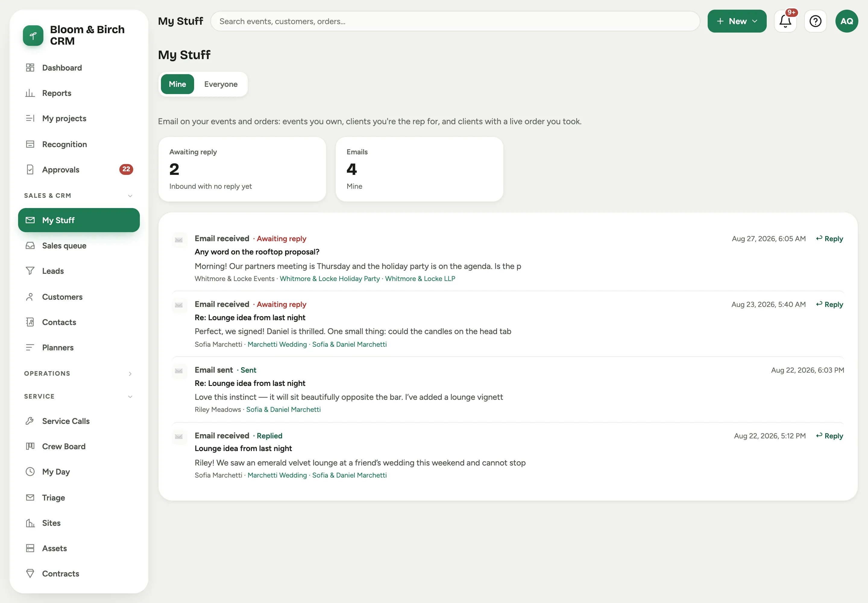My Stuff: the Awaiting reply and Emails stat cards over a feed of messages, each with a reply-status badge and an inline Reply button