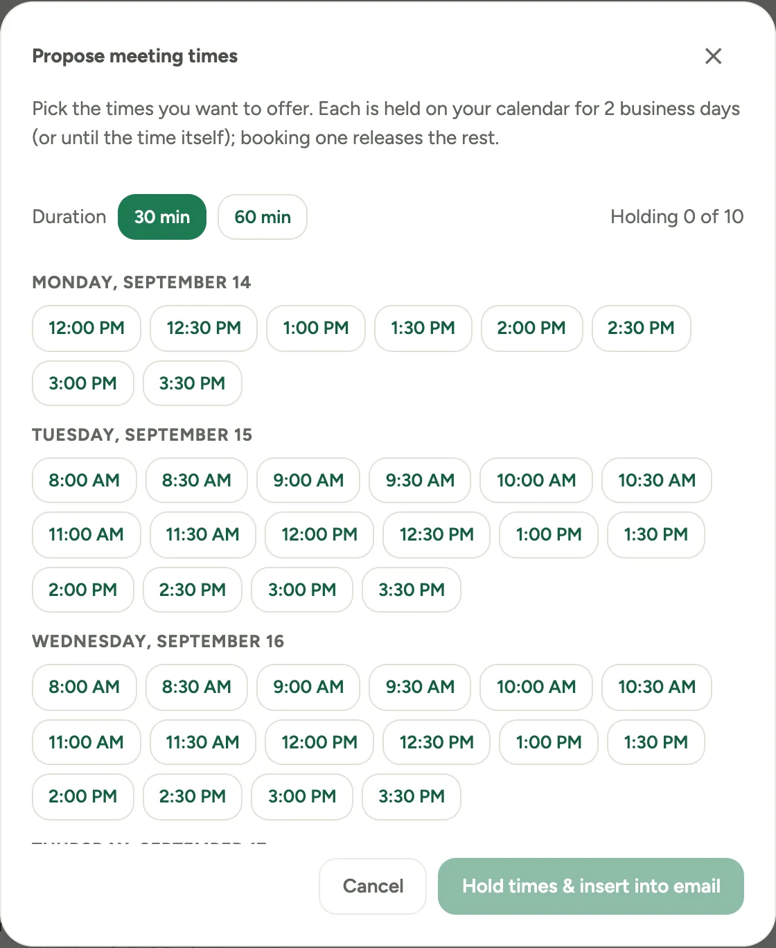 The Propose meeting times dialog: a duration choice and a list of open times to hold and insert into the email