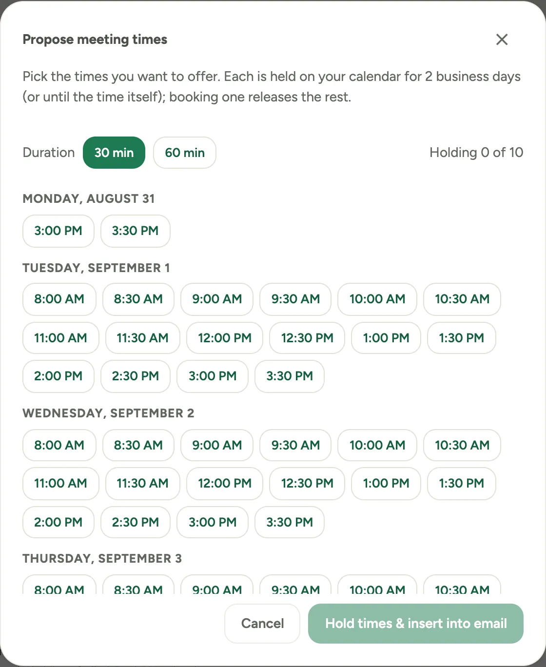 The Propose meeting times dialog: a duration choice and a list of open times to hold and insert into the email
