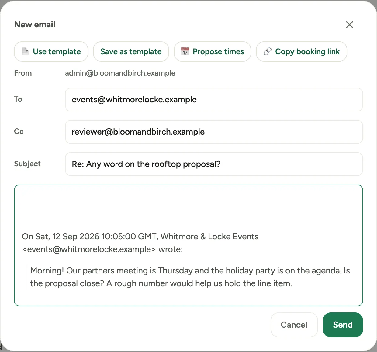 The email composer open from a record: To, Subject, and Message fields, with the tool row and a Send button