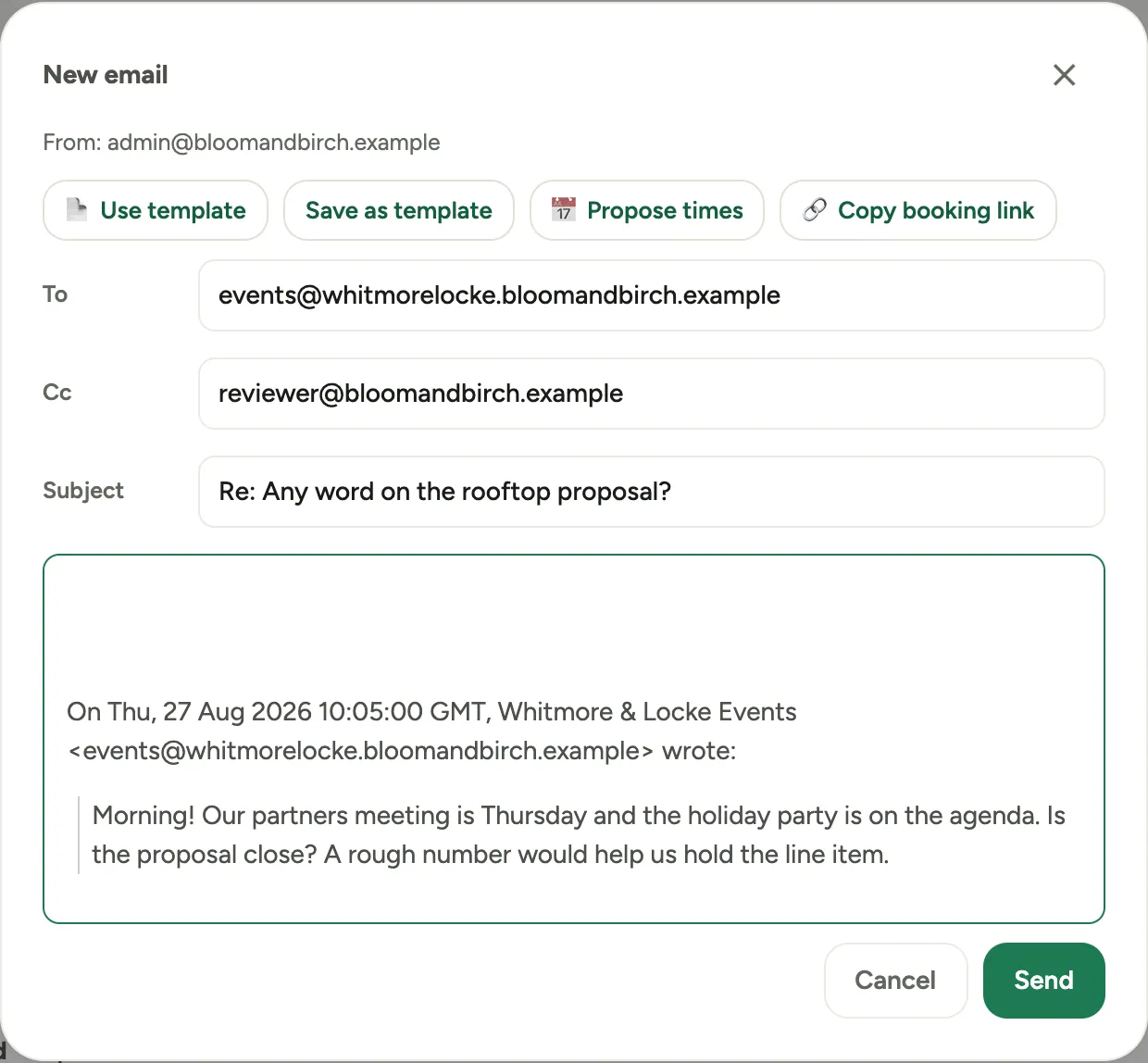 The email composer open from a record: To, Subject, and Message fields, with the tool row and a Send button