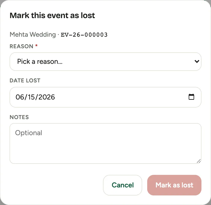The Mark this event as lost dialog: a reason, a date lost, and a notes field