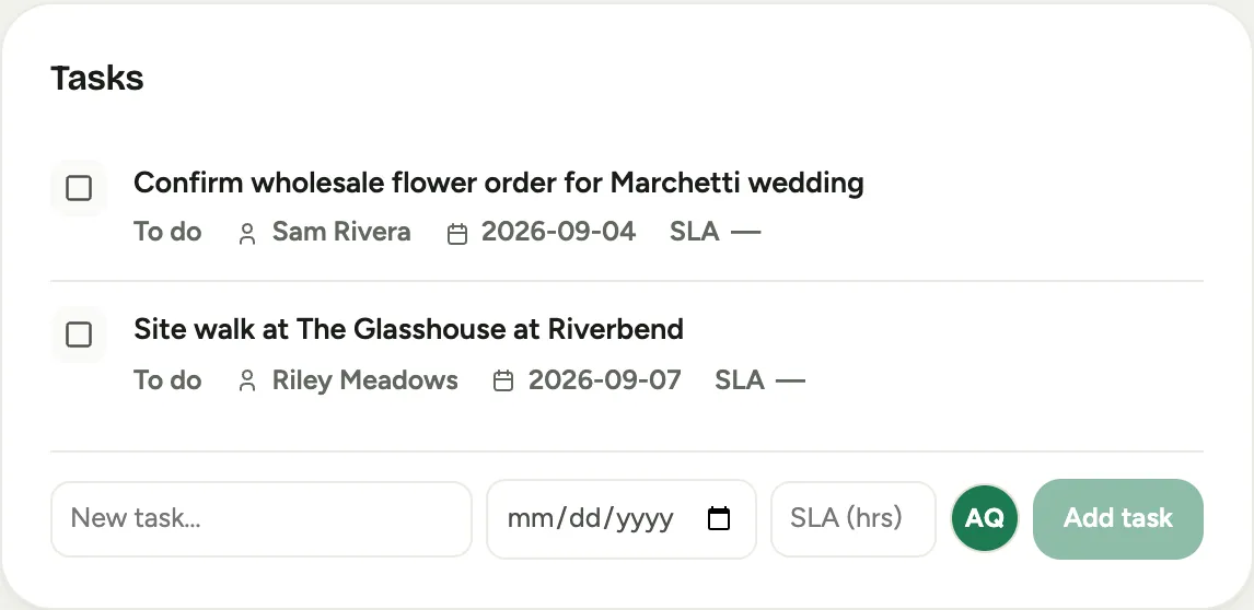The Tasks card on an event's Overview tab: tasks with status, assignee, due date, and SLA inline, and the one-line add row