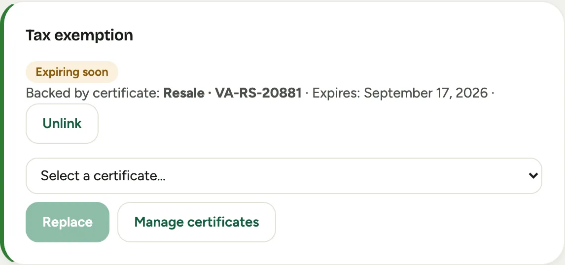 The Tax exemption panel on an event's Financials tab, linked to a certificate on file for the customer