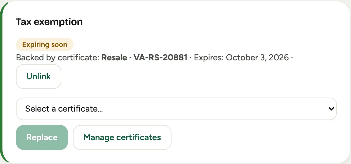 The Tax exemption panel on an event's Financials tab, linked to a certificate on file for the customer