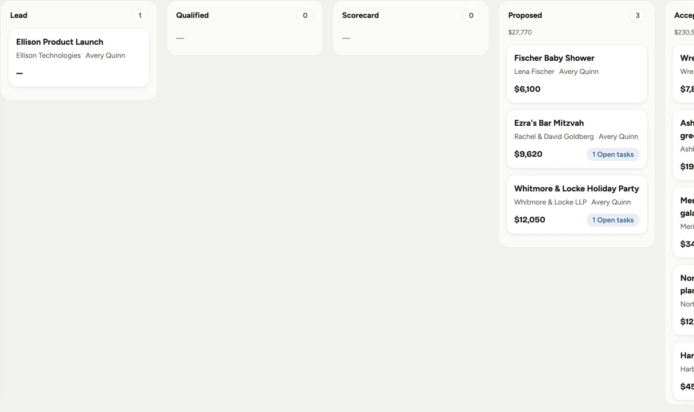 The events Board view: a kanban column for each pipeline stage, with a card per event showing its customer, designer, and value