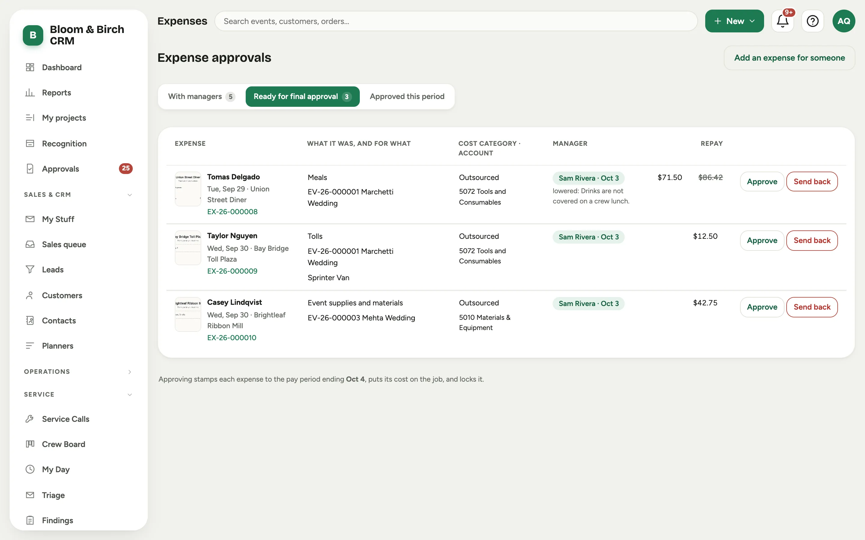 Ready for final approval: each expense with its cost category and account, the manager's decision including a lowered amount with its reason, and the amount to repay
