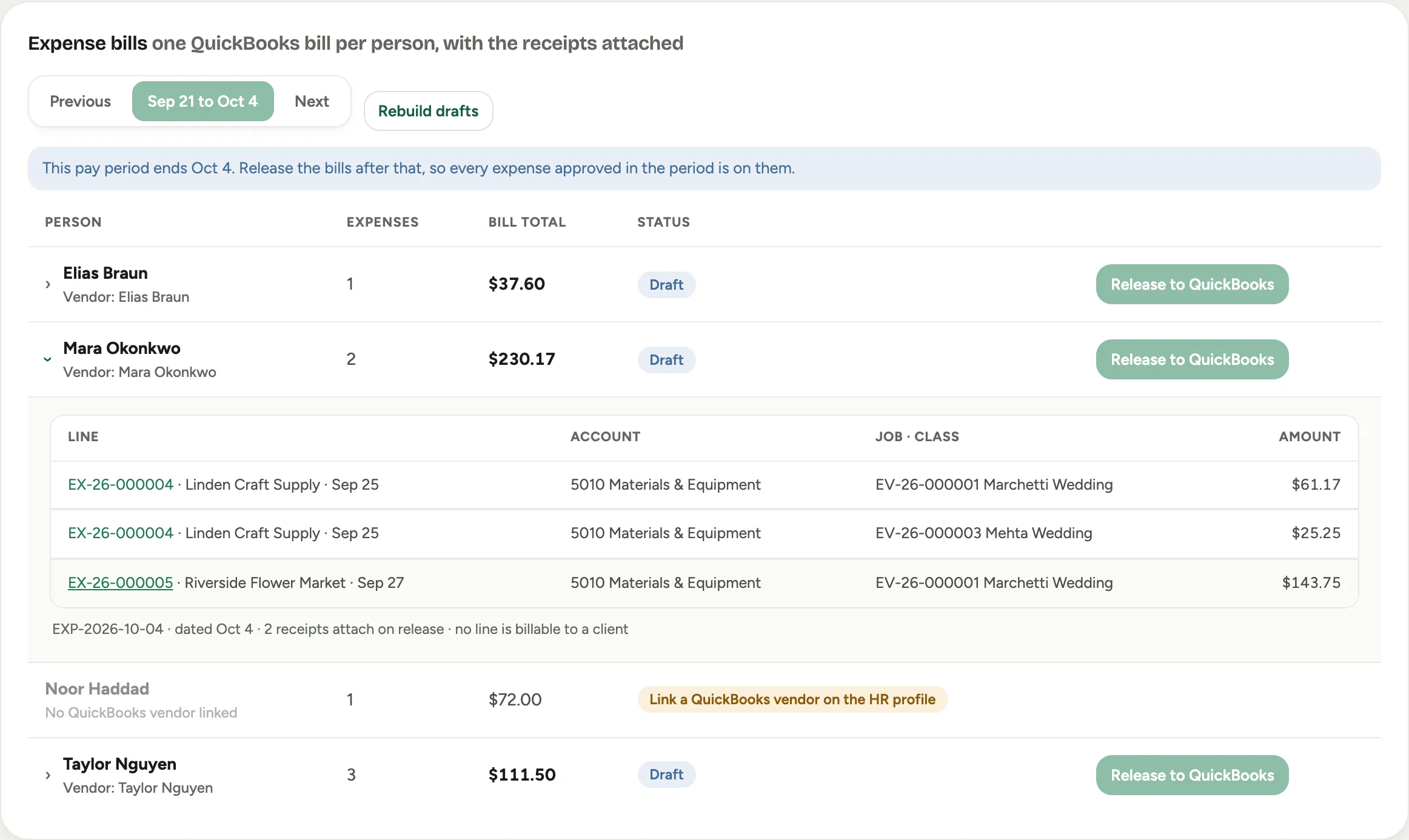 The Expense bills card: a note that the pay period has not ended, one draft bill per person, one opened to its lines with account and job, and a person with no QuickBooks vendor linked